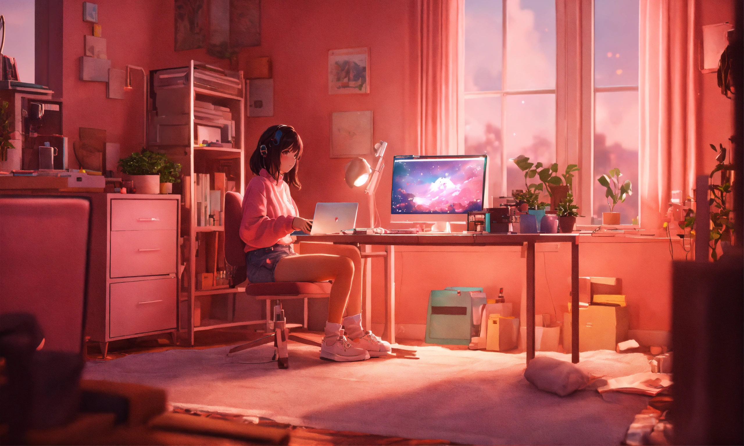 Lexica - Cute lofi girl in front of her computer in her cozy and messy ...