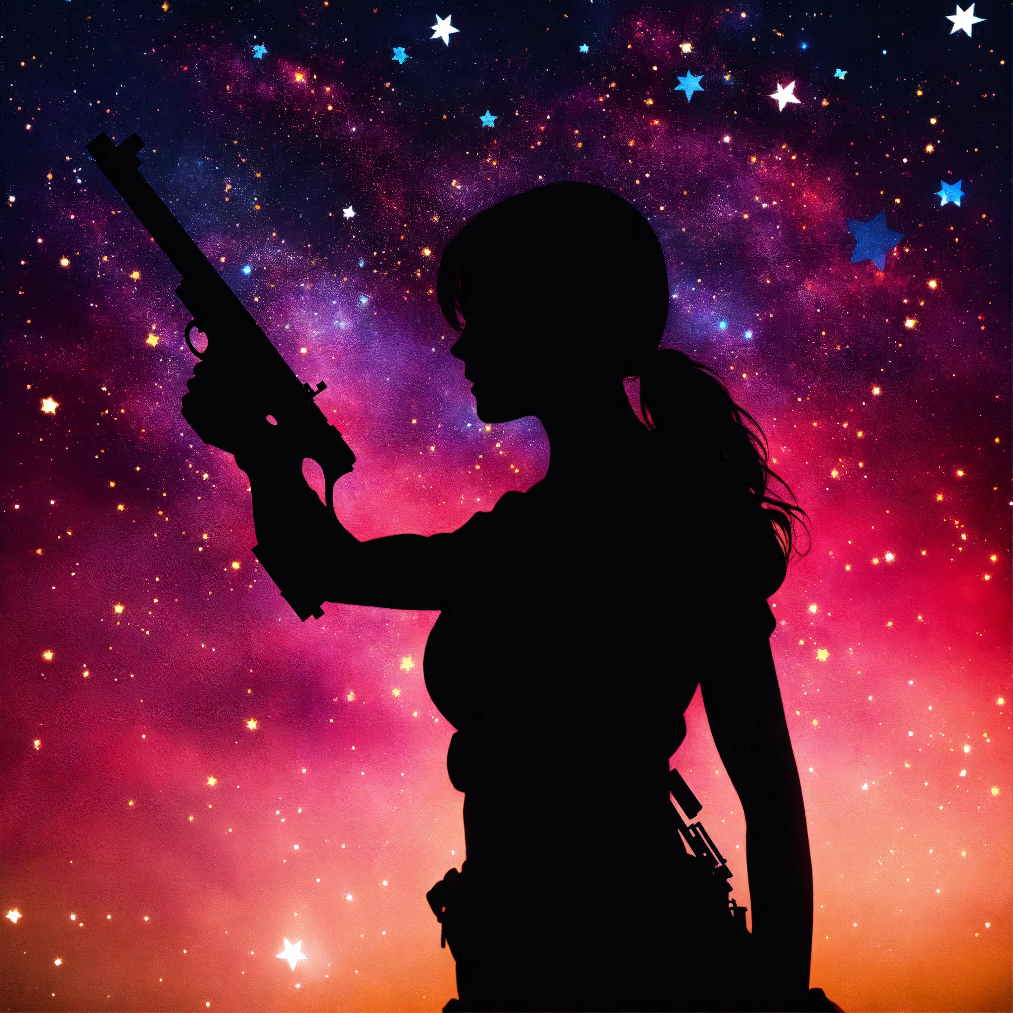 Lexica - Shadow of a woman holding a pistol, in front of a colourful ...