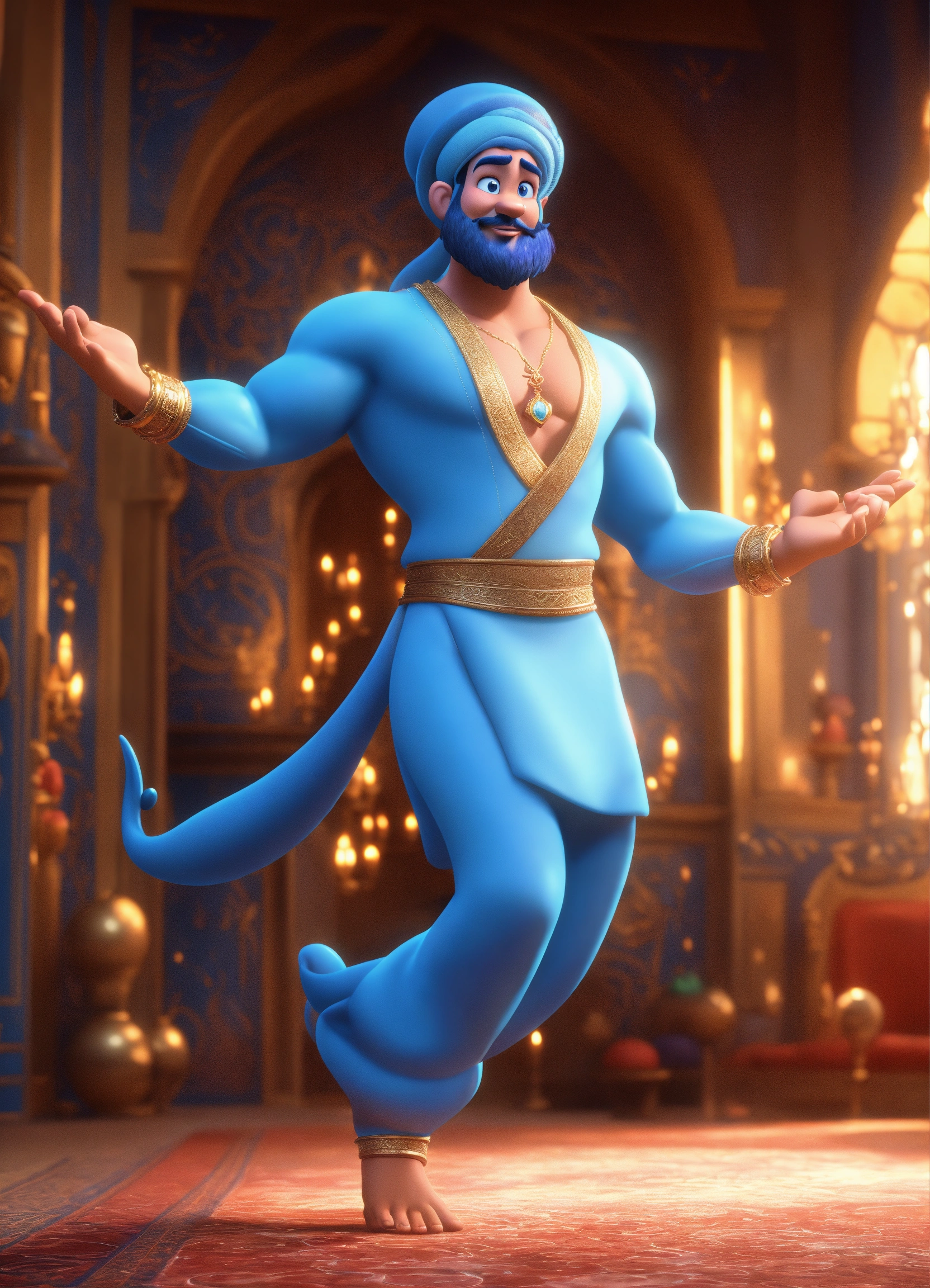 Lexica - Create a 3D rendering of a magical blue Arabian male genie ...