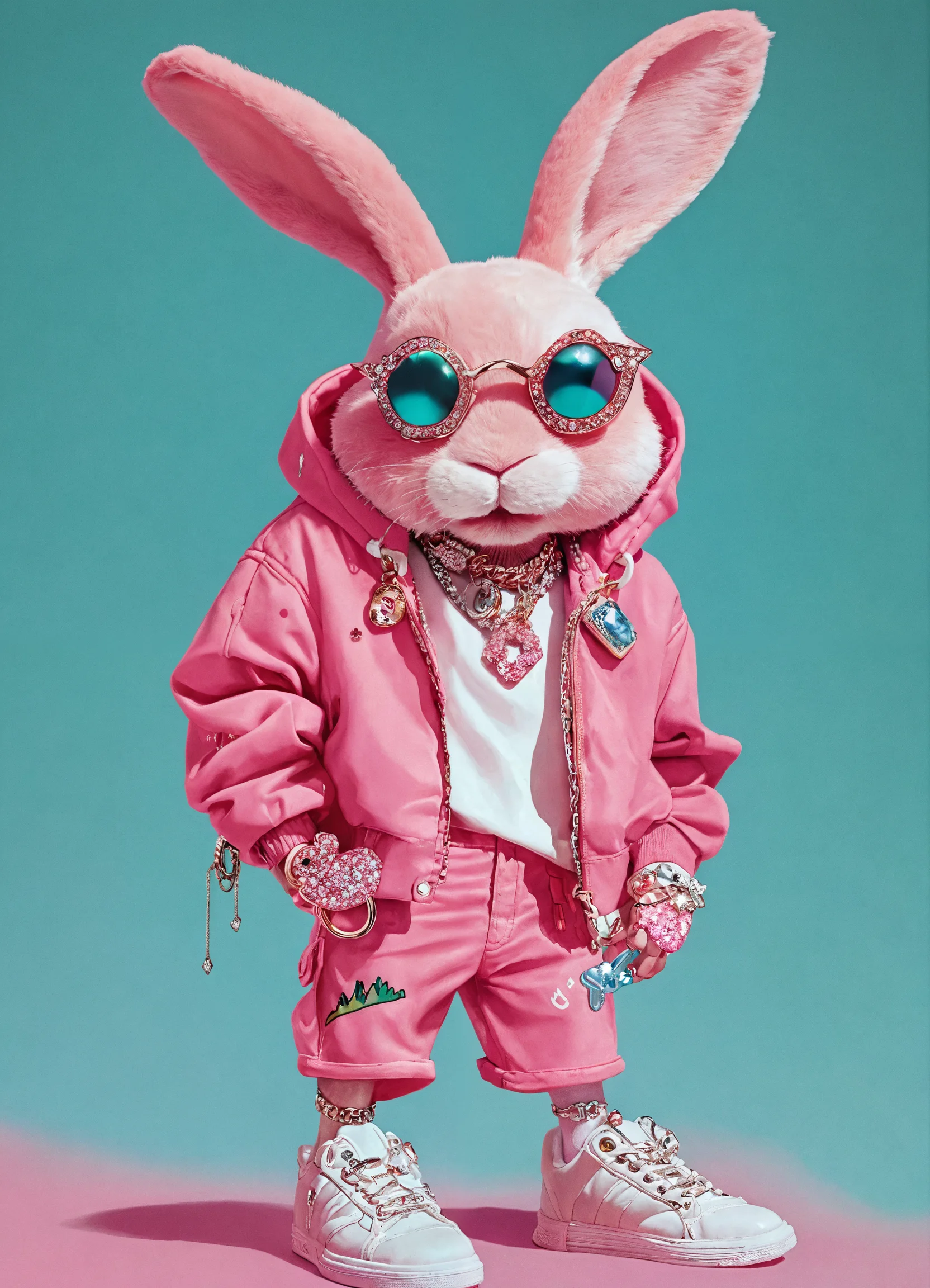 Lexica - A pink rabbit with short pants on, sneakers on its feet ...