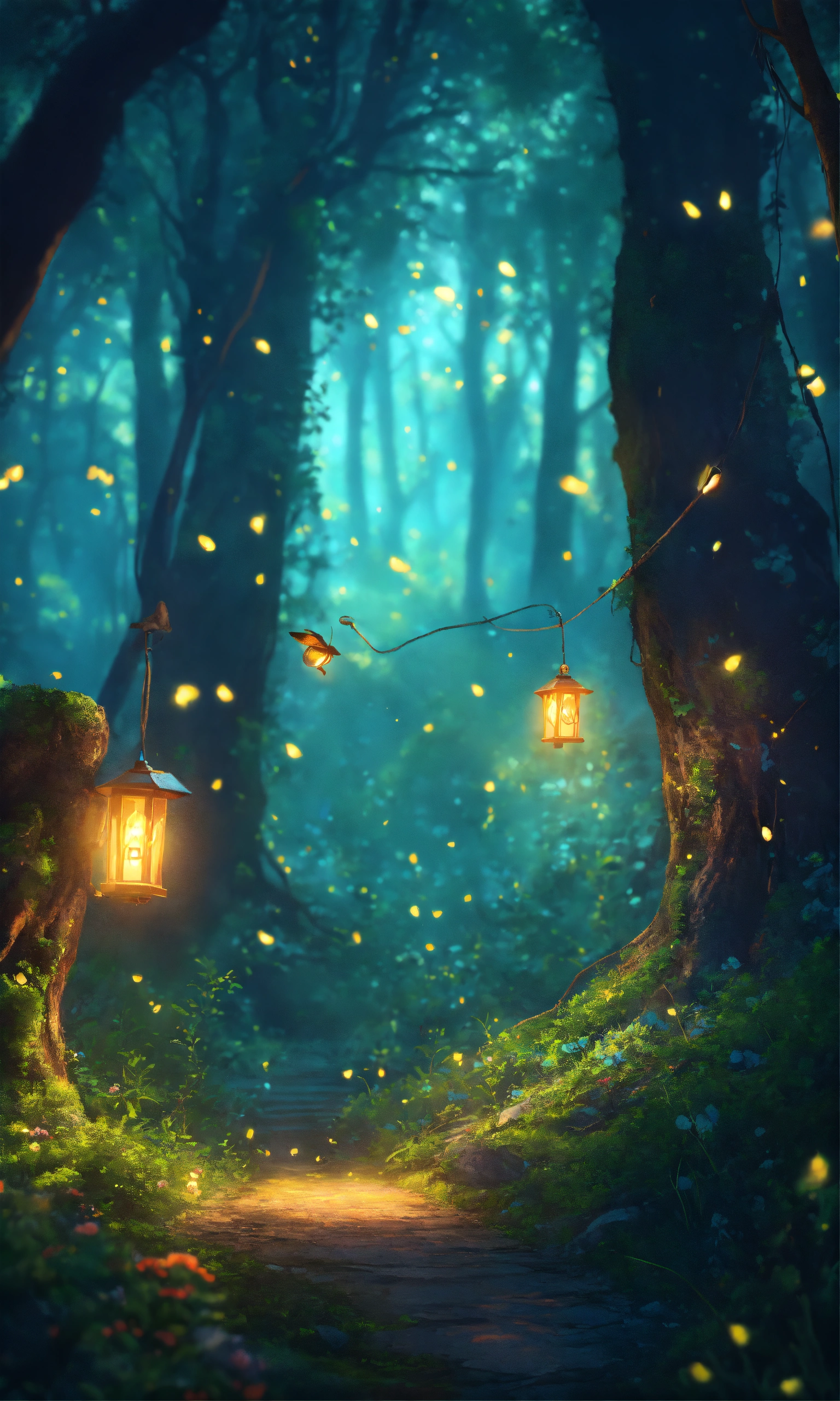Lexica - A hidden, mystical forest with glowing fireflies and ancient ...