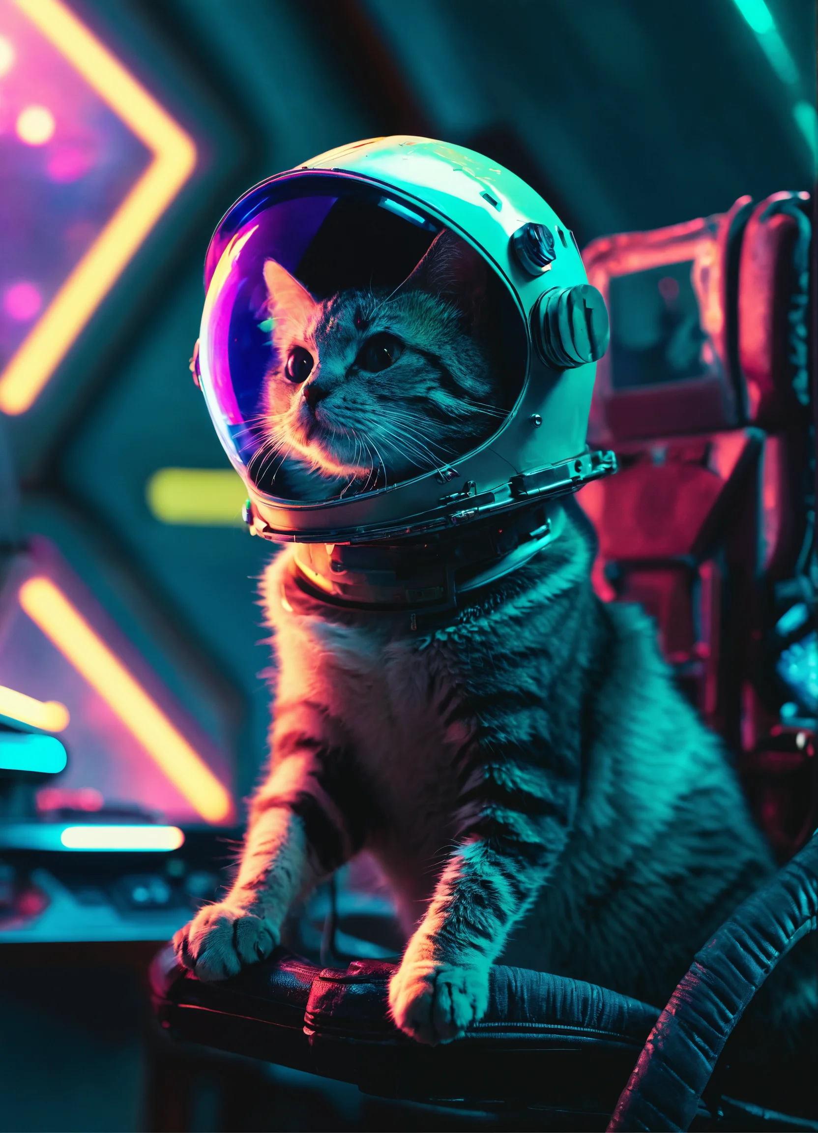 Lexica - Shorthair cat wearing a space helmet sitting at command chair ...