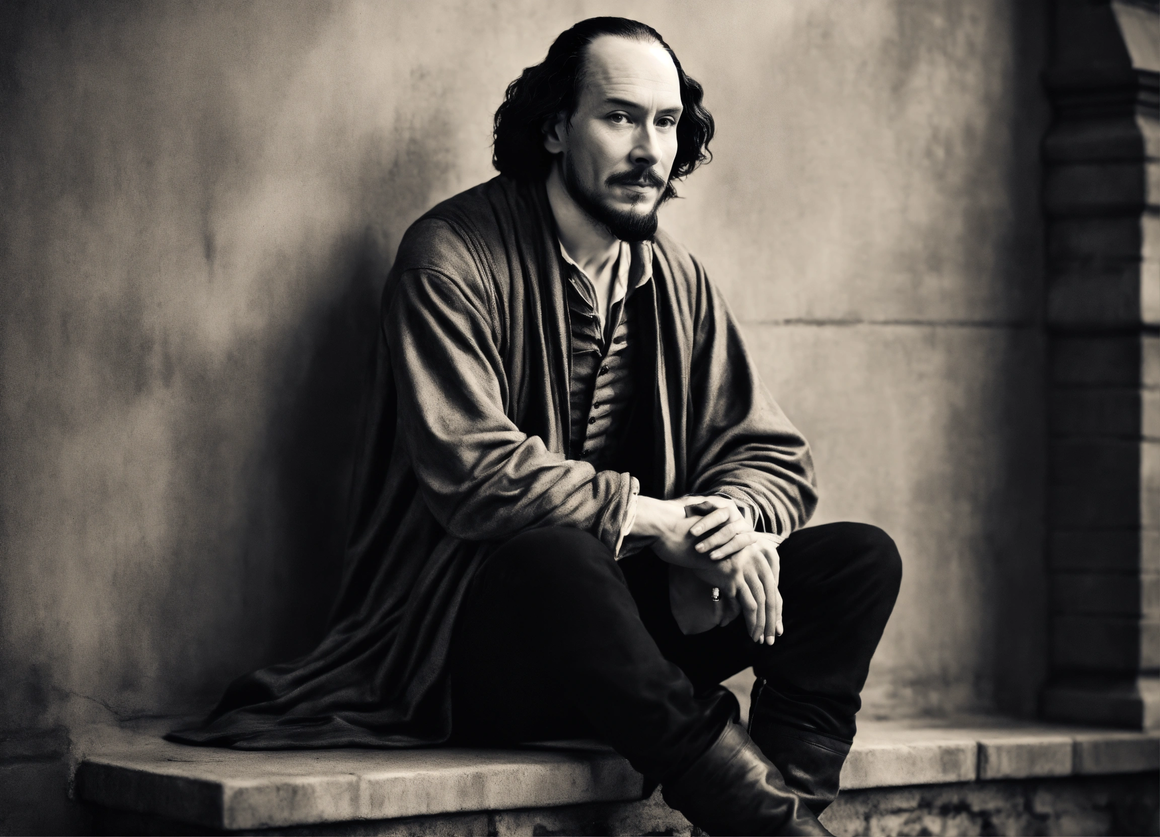 Lexica William Shakespeare sitting on a wall in greyscale, blank ink