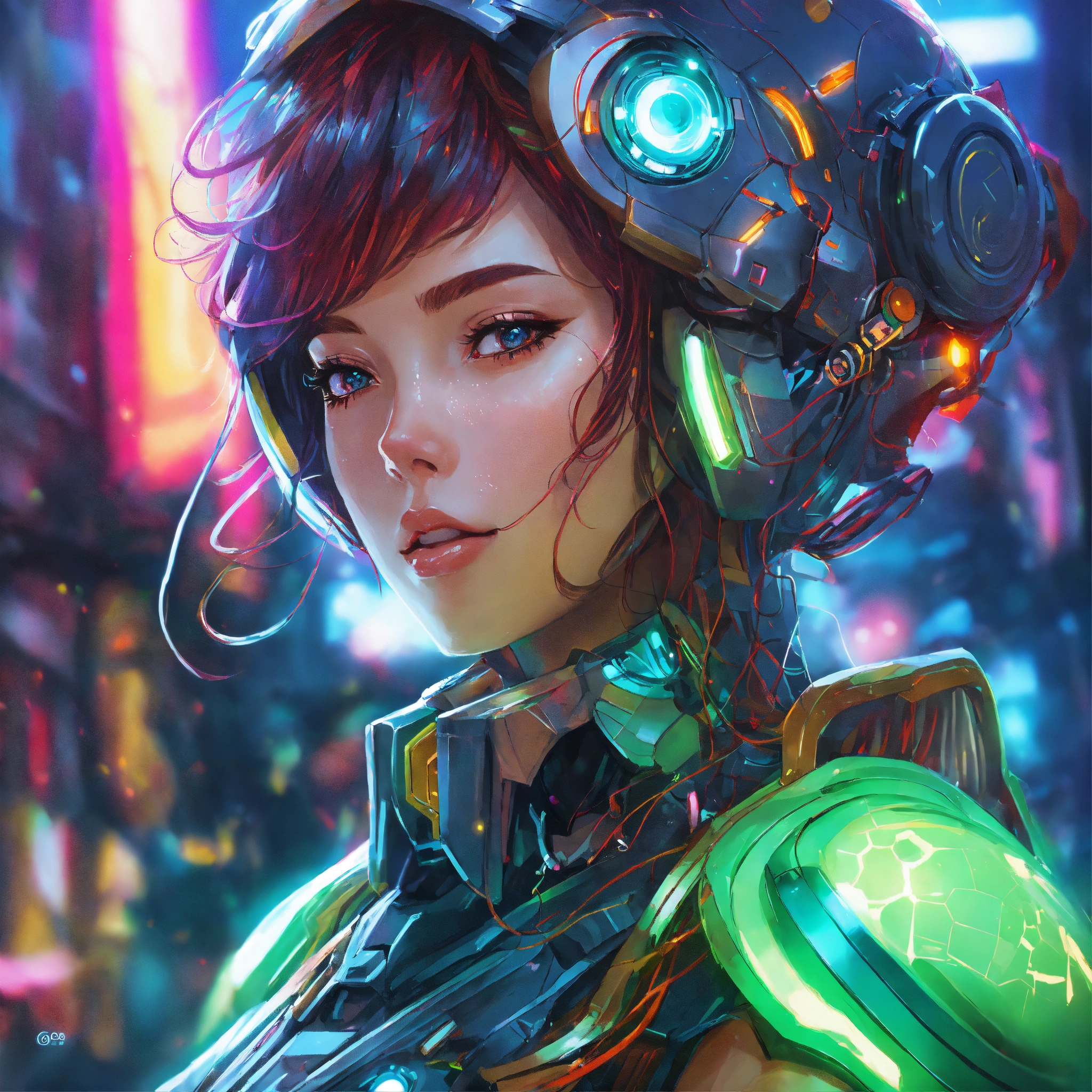 Lexica - Abstract style anime art of a magical android techno space girl,  robotic, primary coloured lights, 8k, stunning intricate details, by  artger...