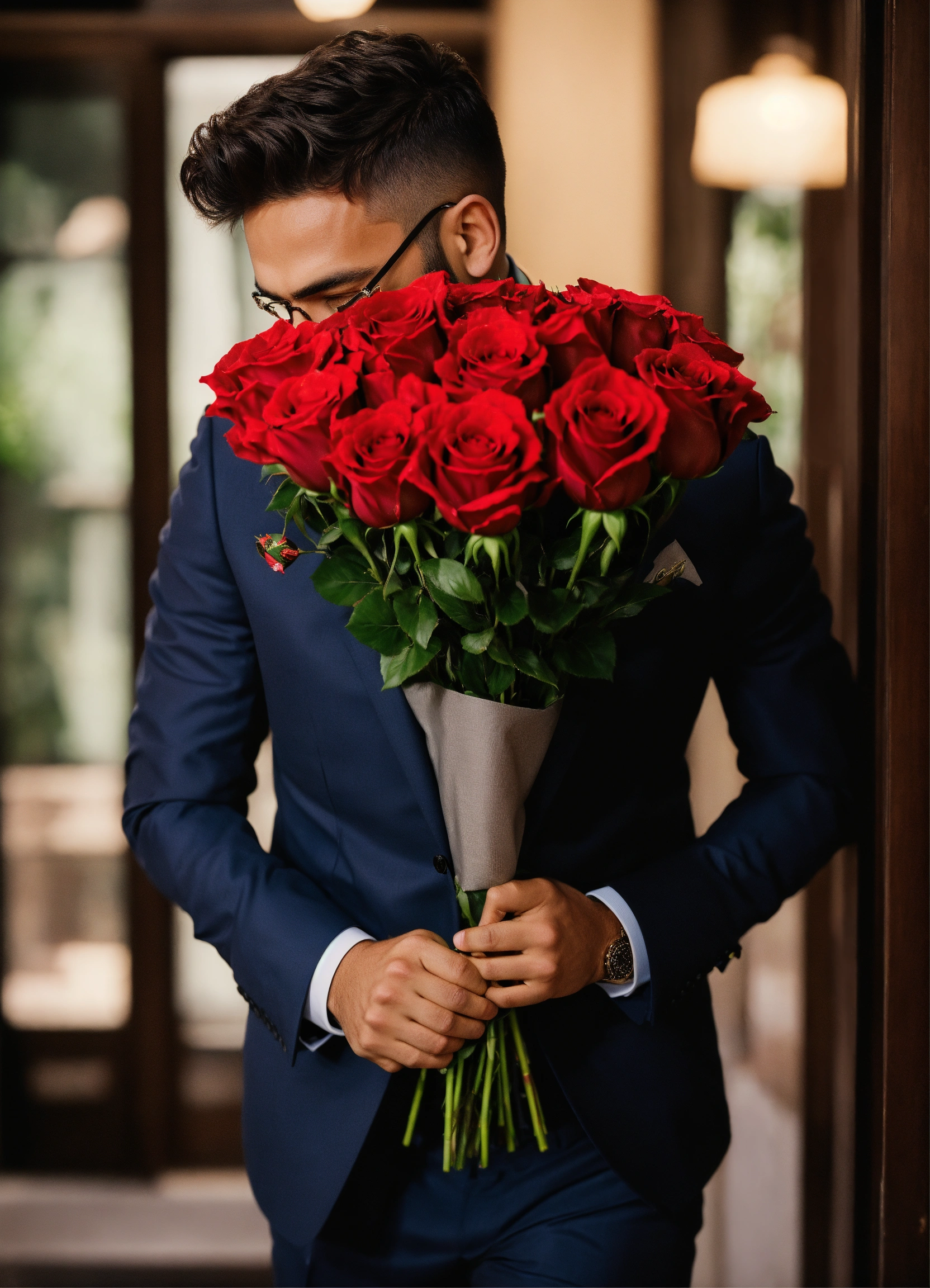 Lexica - A beautiful man wearing a suit grabbing a red roses bouquet ...