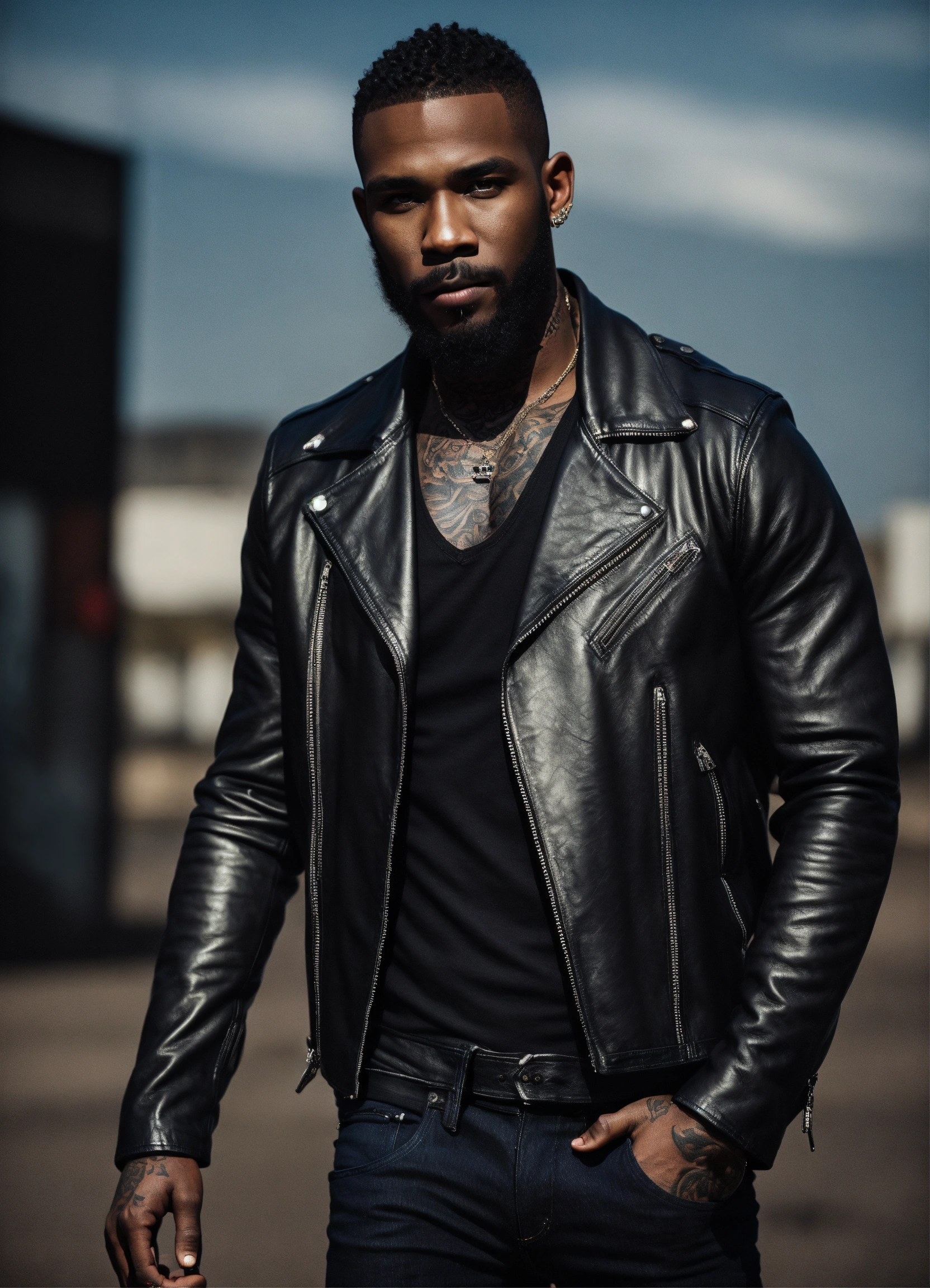 Lexica - Black male, vampire, light eyes, beard, jeans and leather jacket,  tattoos on arms