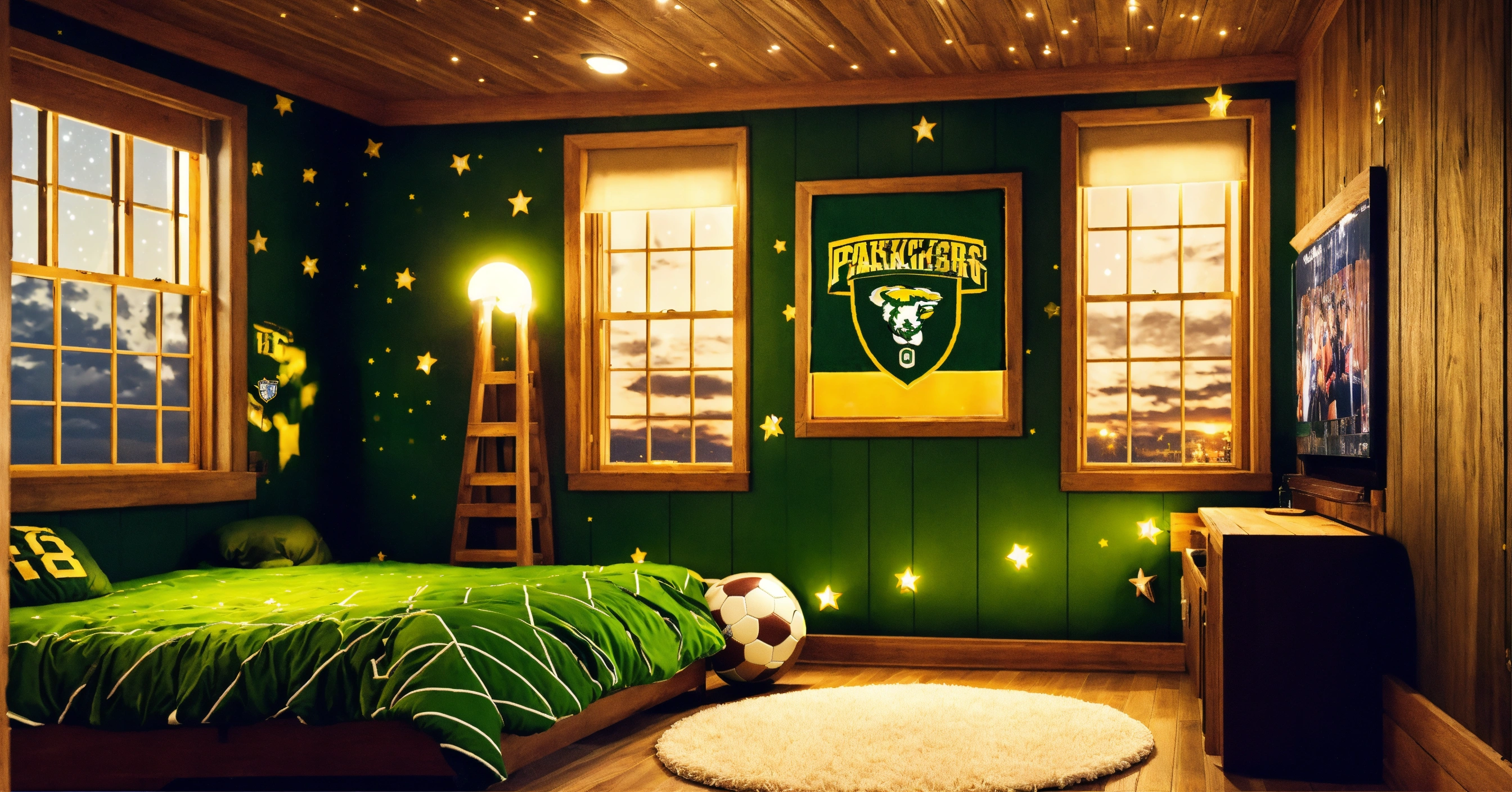 Lexica - Green bay packer theme bedroom, fluffy rug, dark wood, night ...