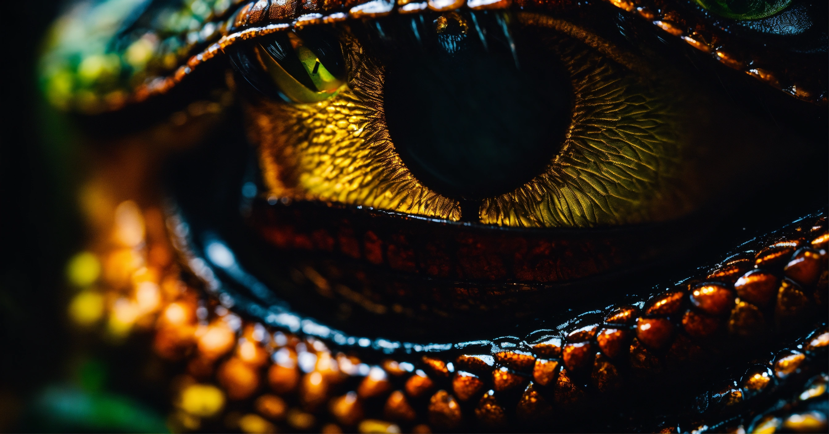 Lexica - Living dragon eyes close up on a black dark background