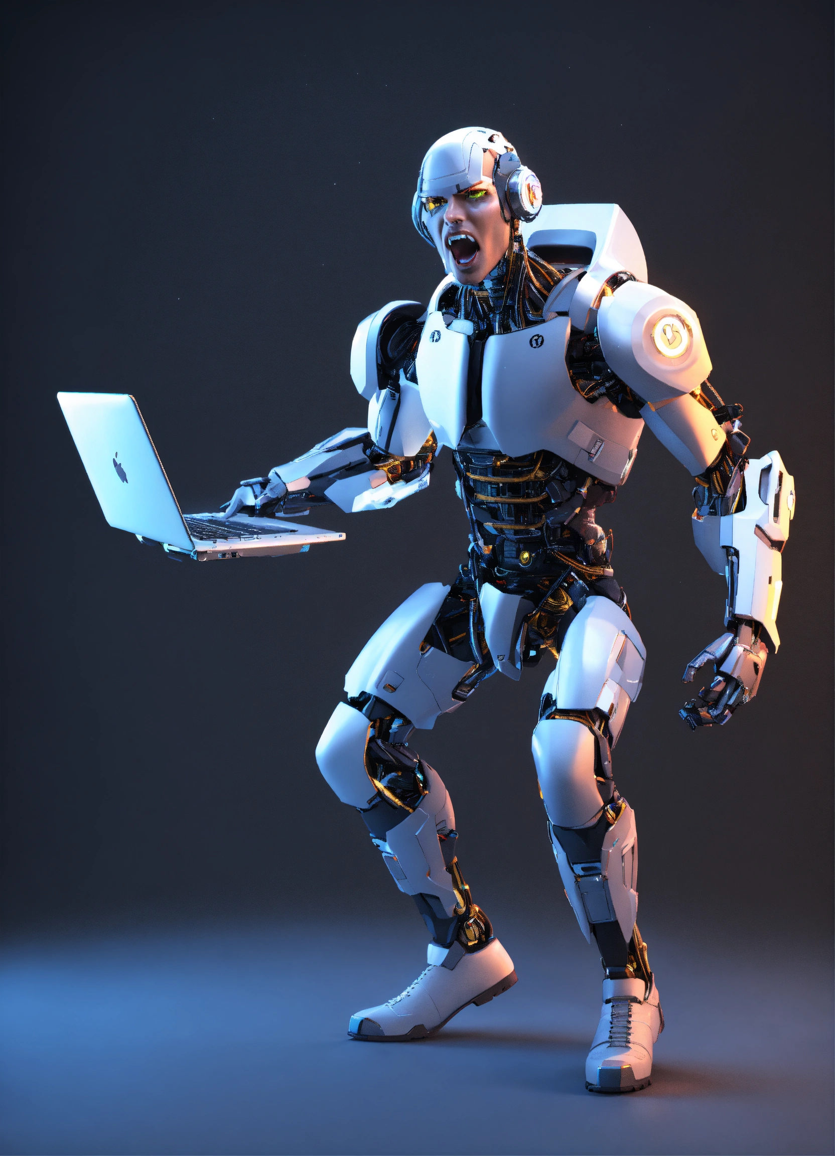 Lexica - Cyborg, 3d, full body, hold laptop, fun, screaming