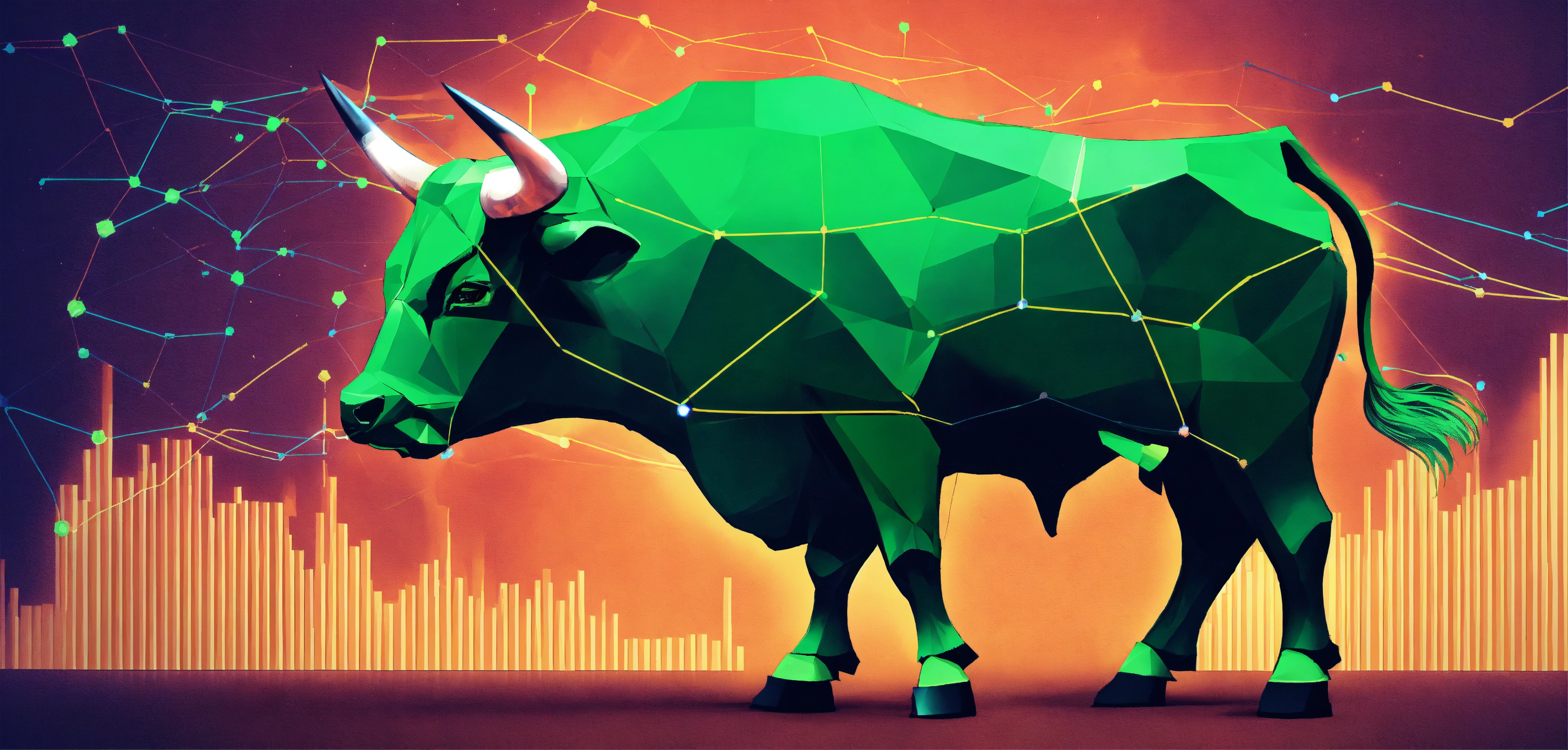 Lexica - A bull with cryptos below and a graph showing spike in green