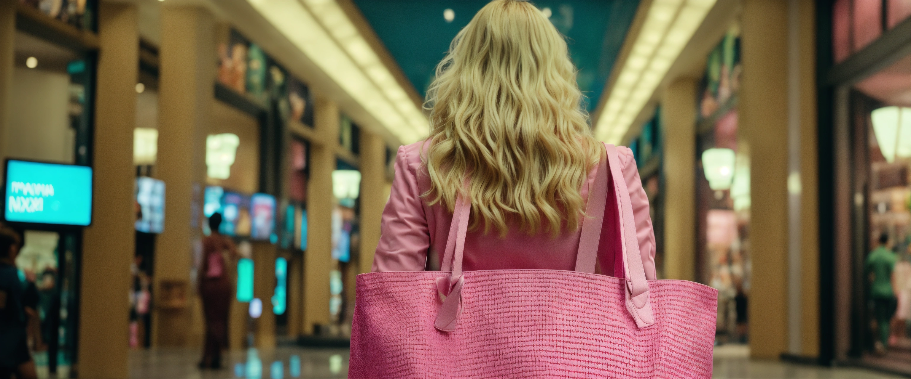 Lexica - Back view of a blonde woman wearing pink clothes and holding ...