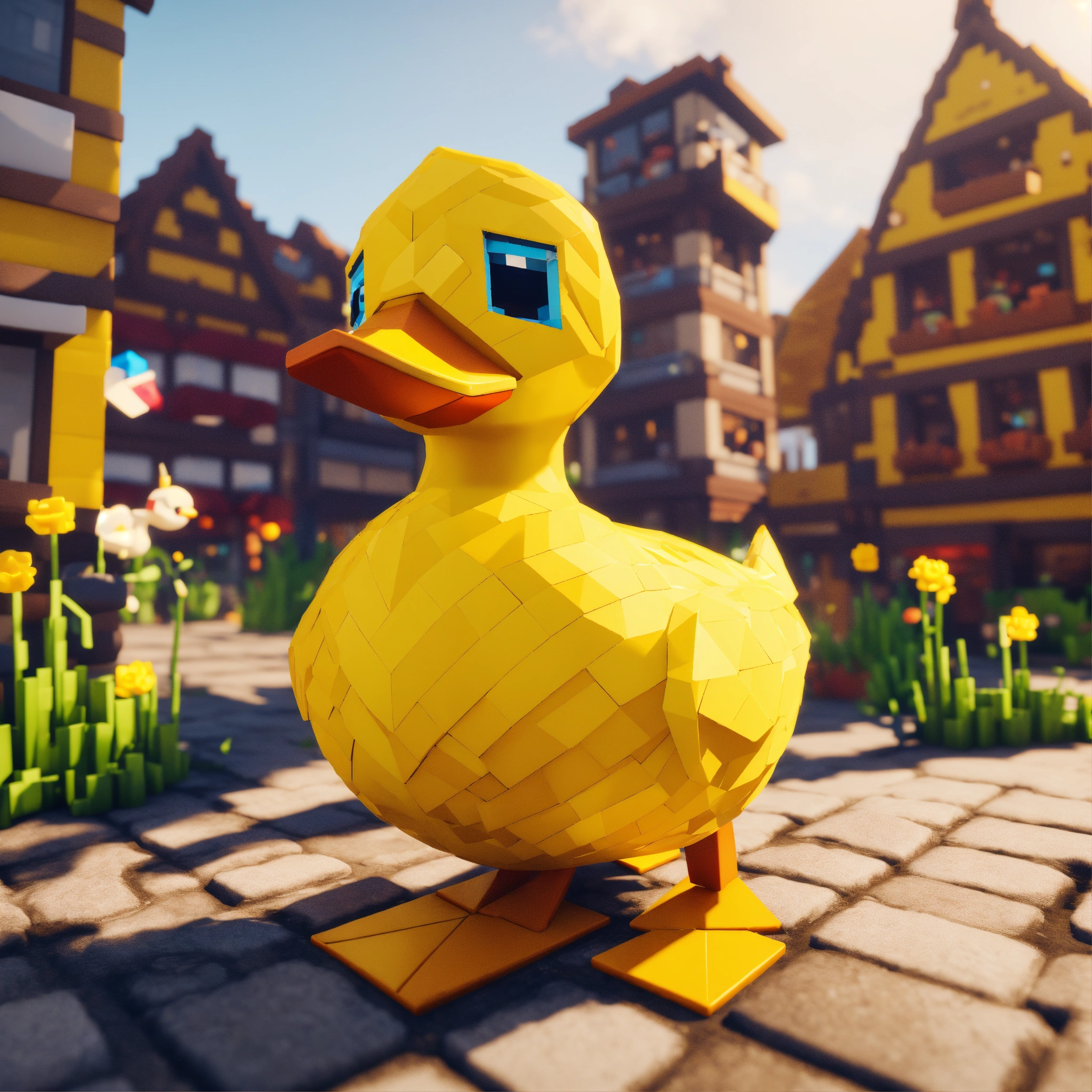 Lexica - A cute yellow mincraft duck in a town with only 90 degree ...