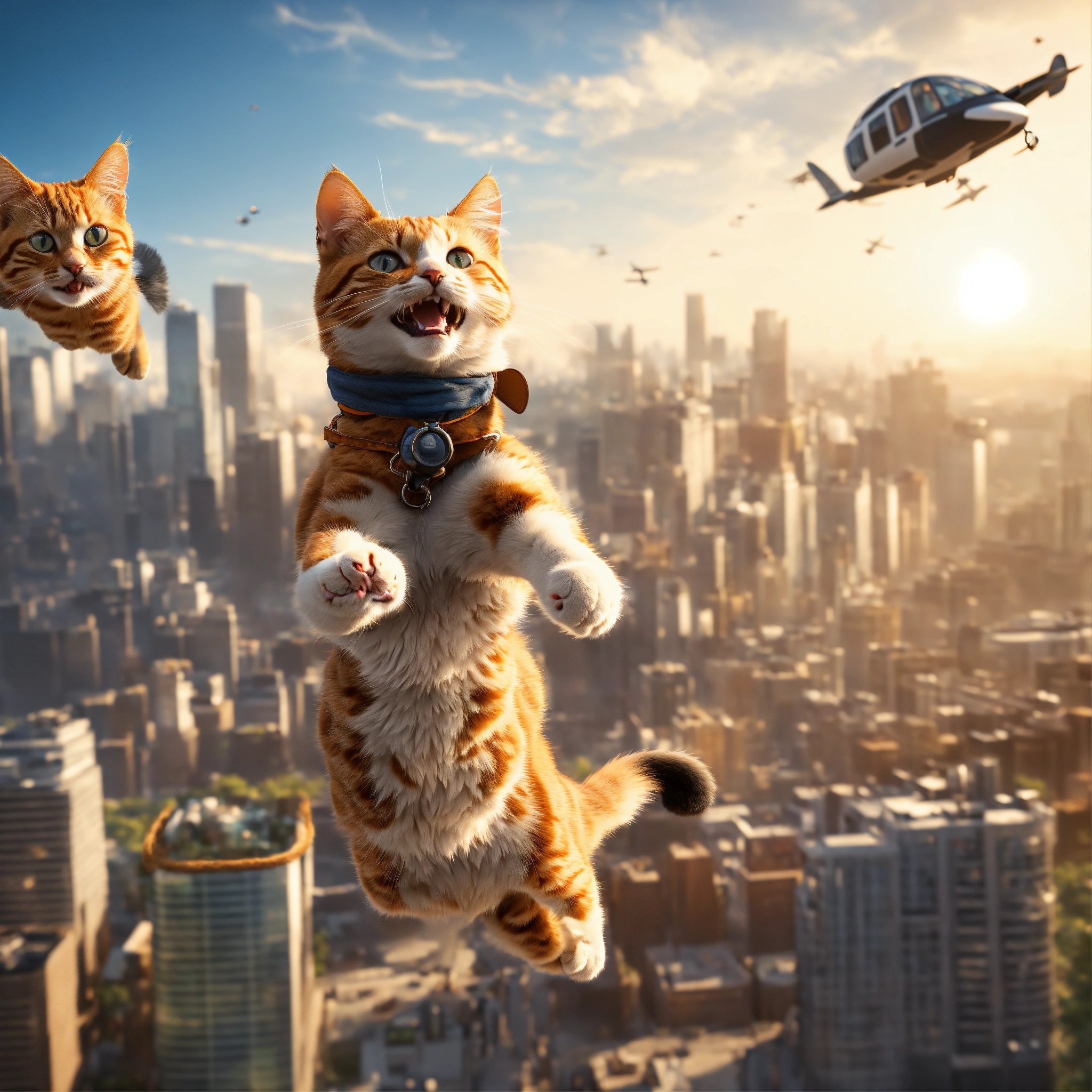 Lexica - Medium close-up, Smiling cats flying over the city, highly ...