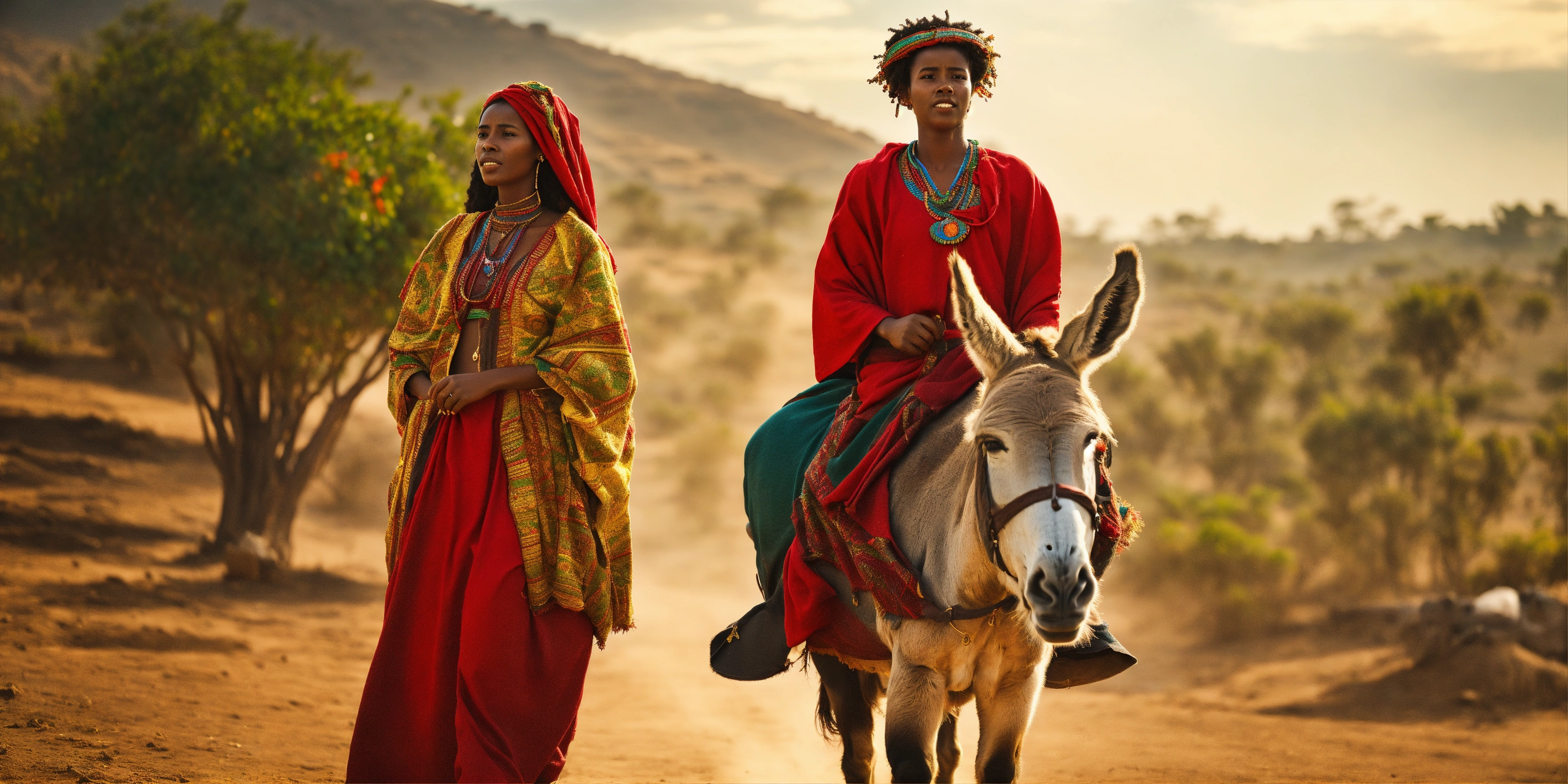 Lexica A young Ethiopian woman rides a donkey. Her Ethiopian husband