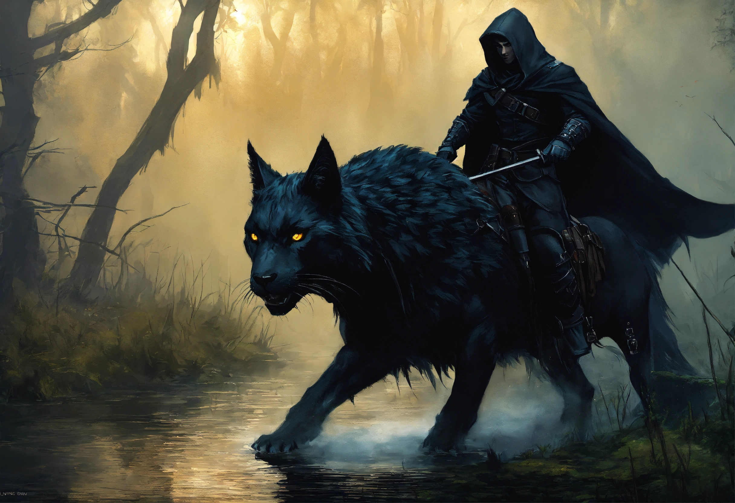 Lexica - Fantasy Digital Painting, Man in black combat cowl riding a ...