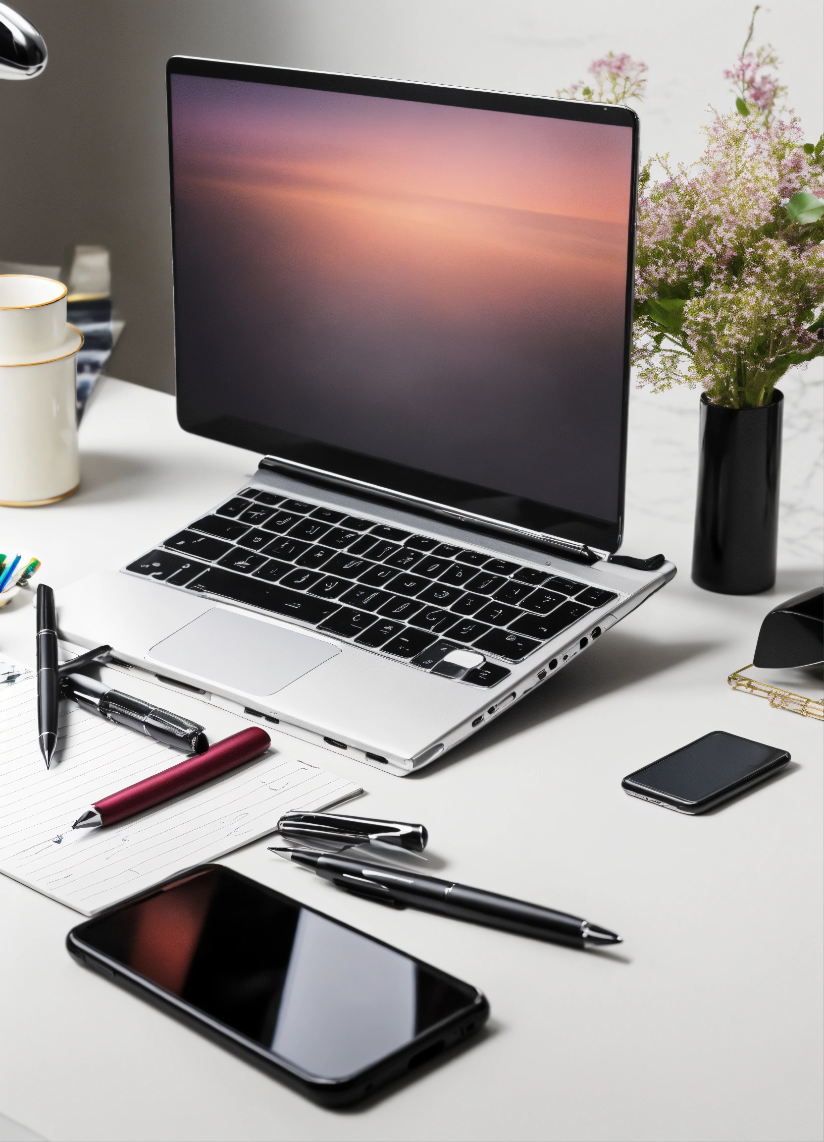Lexica - Desktop with computer notepad pen pen phone and similar ...