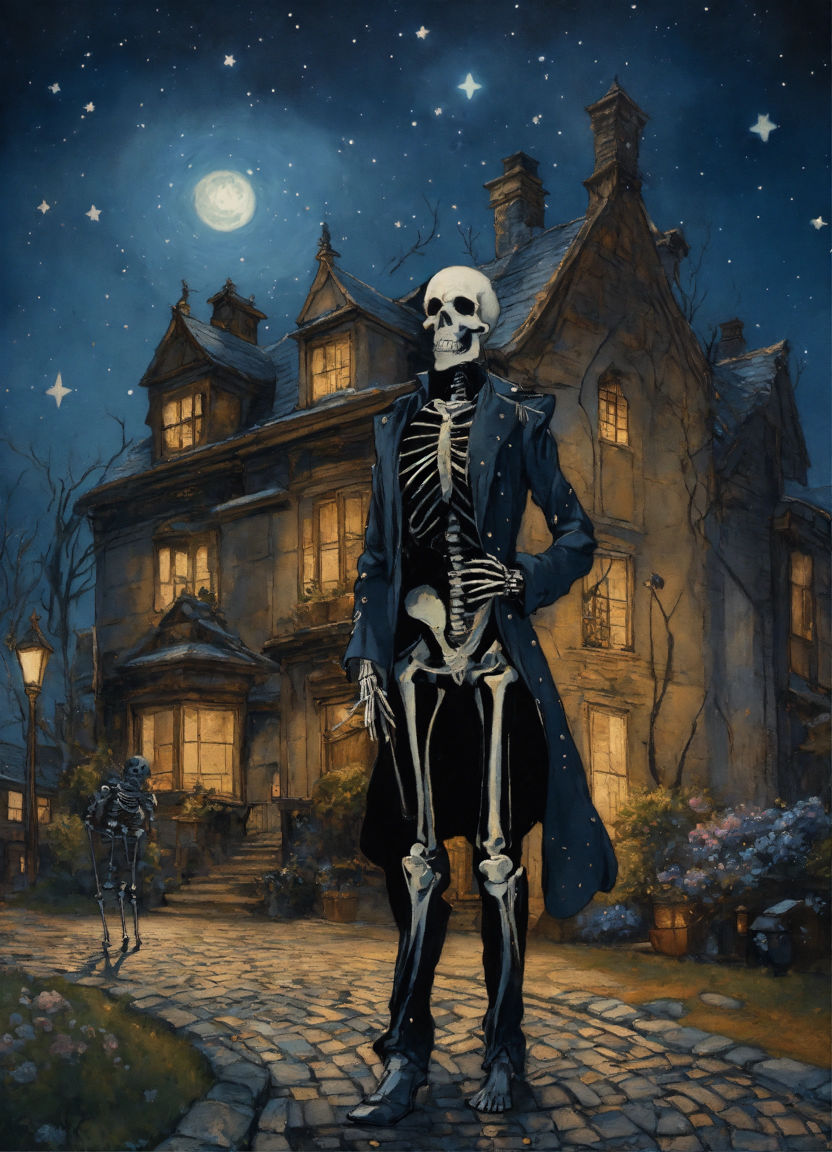 Lexica - A skeleton dressed in a ripped black suit, standing on a ...