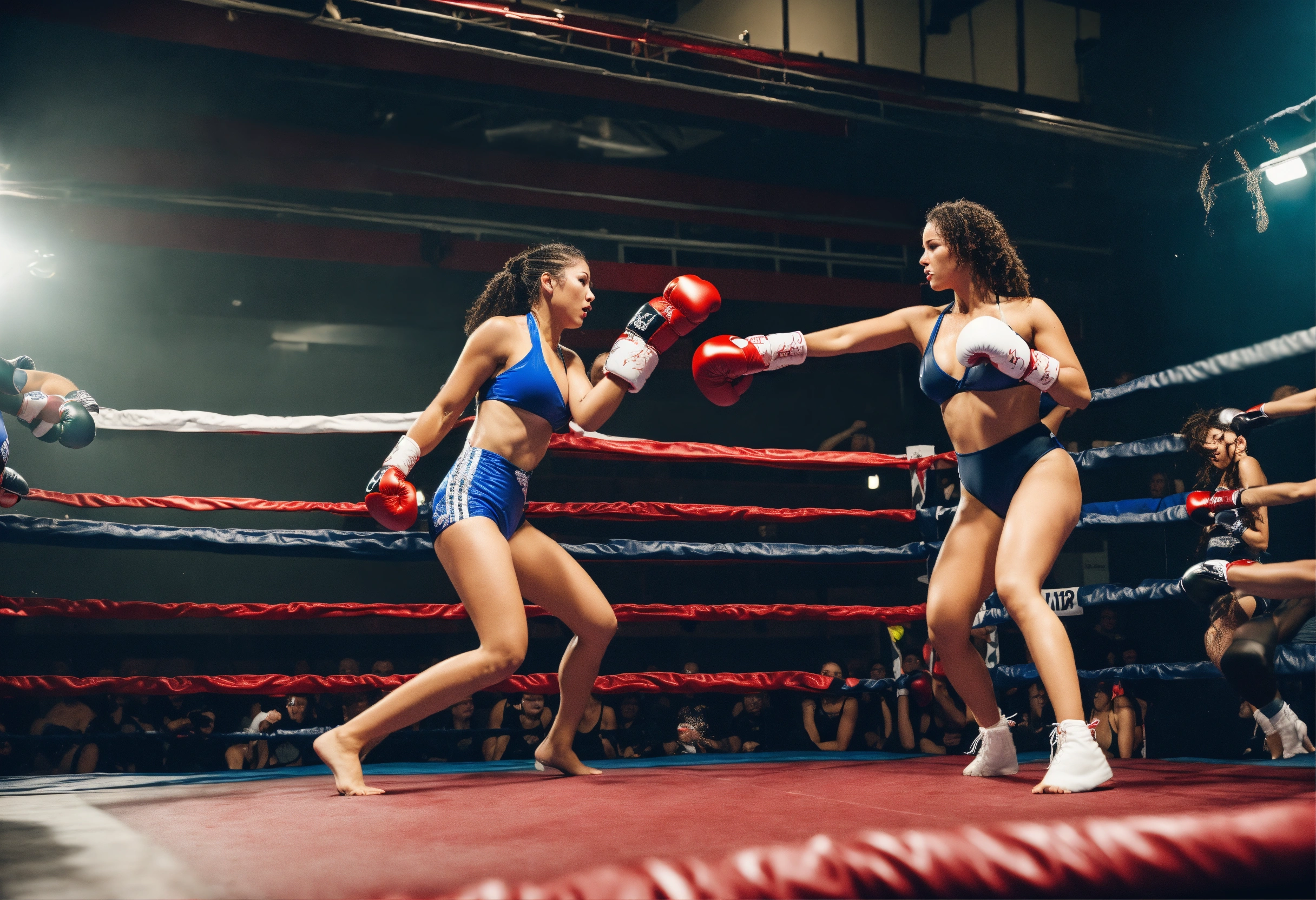 Lexica - Two females, in monokini, 38D cup, fighting in boxing ring