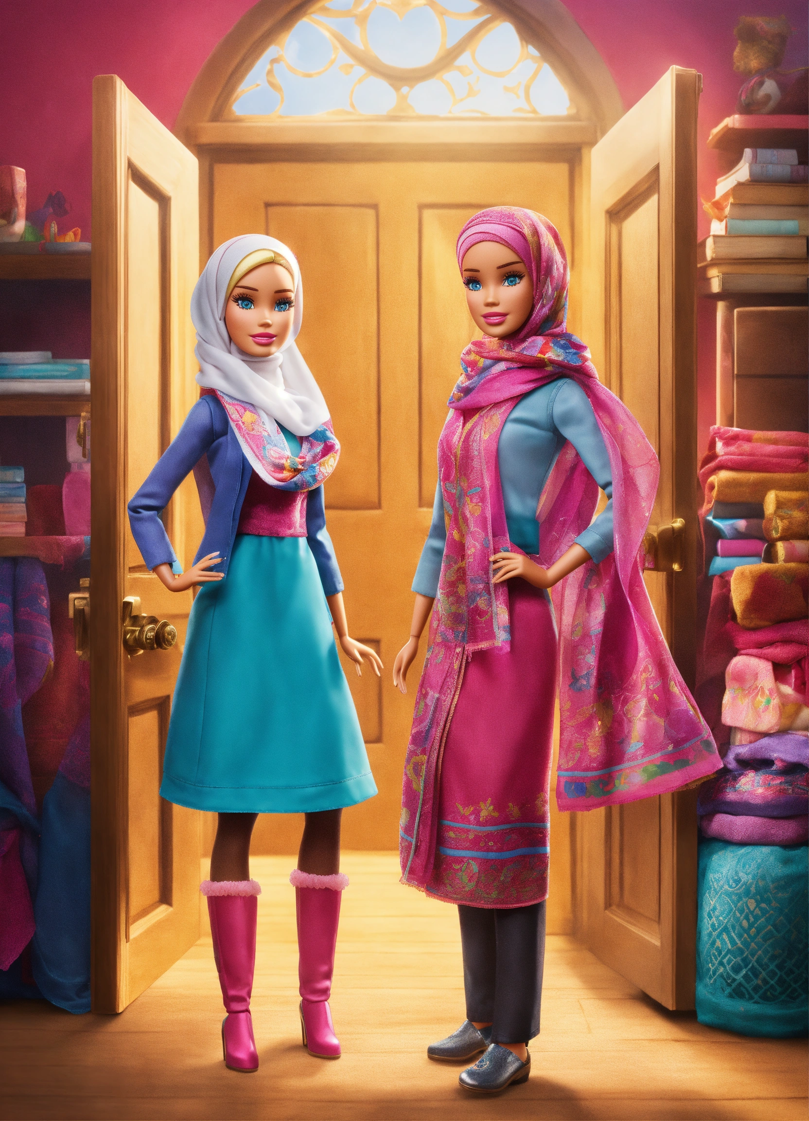 Lexica - Barbie and Alexa ,the secret door cartoon , wearing Muslim ...