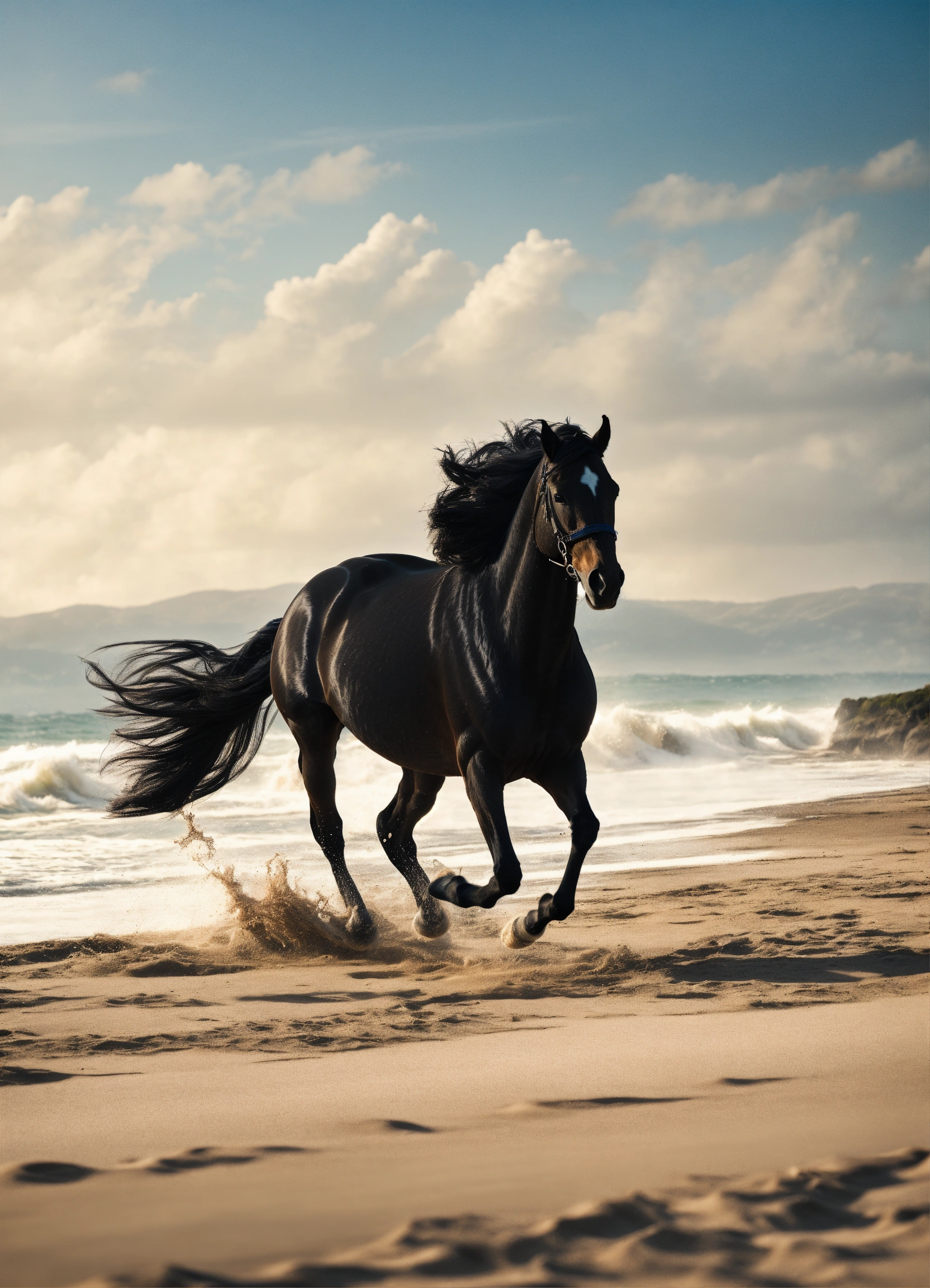 Lexica - A beautiful beach on a sunny day with an all-black horse galloping