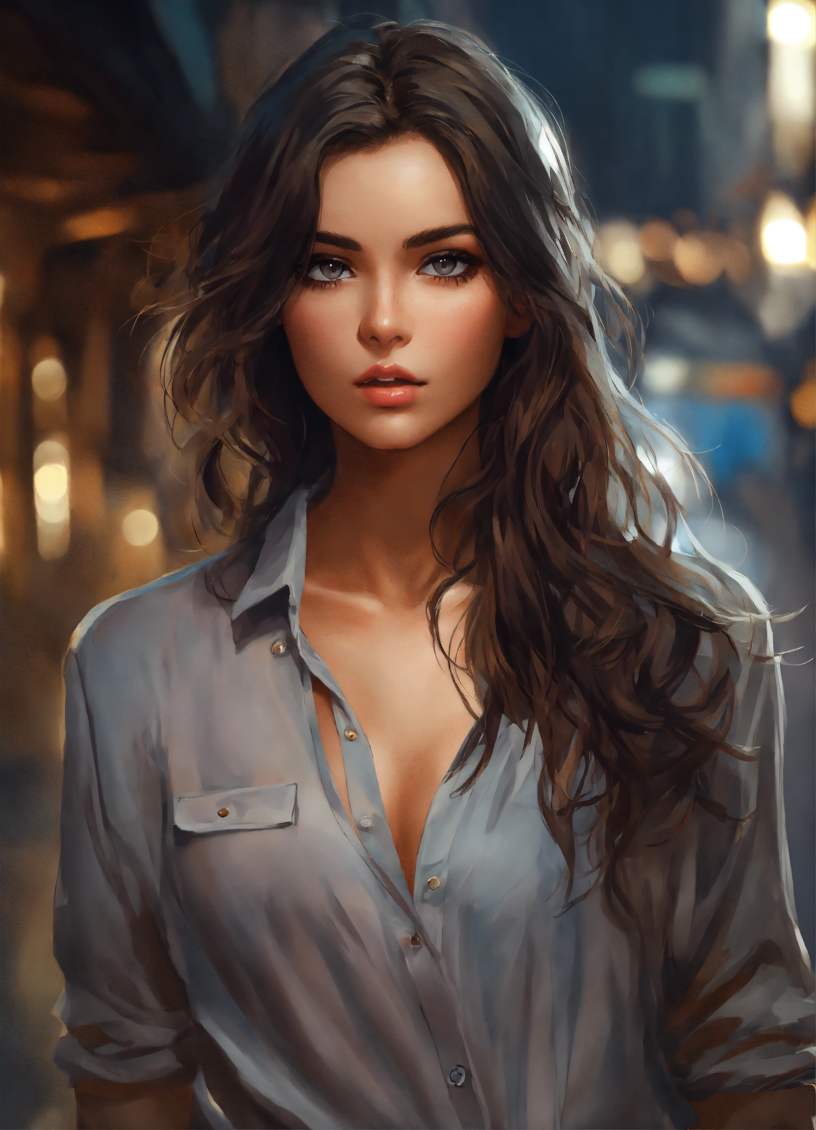 Lexica Portrait Draw Beautiful Girl Dark Hair Gray Eyes Open Shirt She Walks To The Post 2058