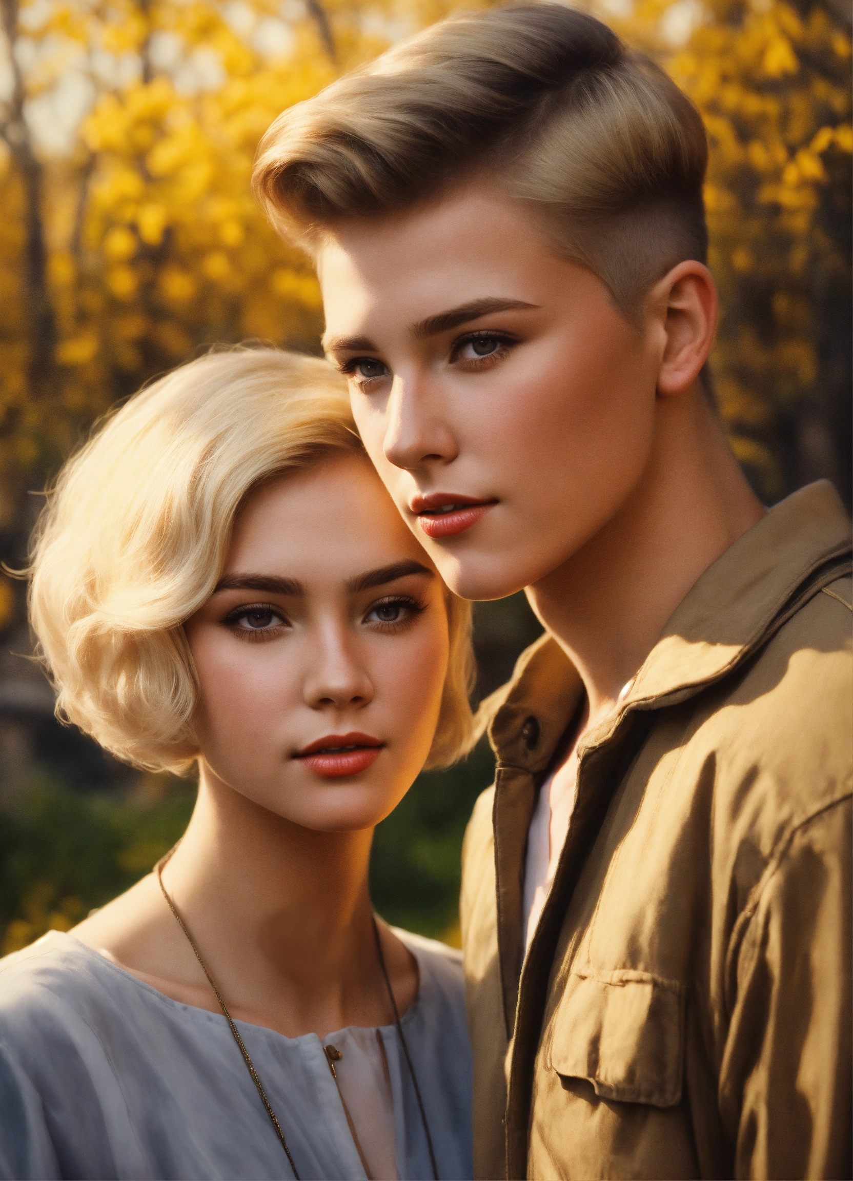 Lexica - A young beautiful girl with very short blonde hair with a young  handsome man with dark hair, Soviet Union times, detailed image, realistic,  ...