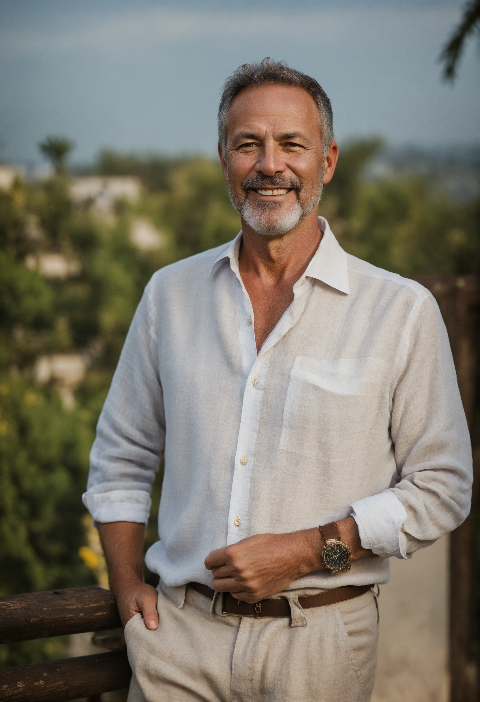 Lexica - Outdoor portrait of a 50-year-old rich man, wearing a linen shirt