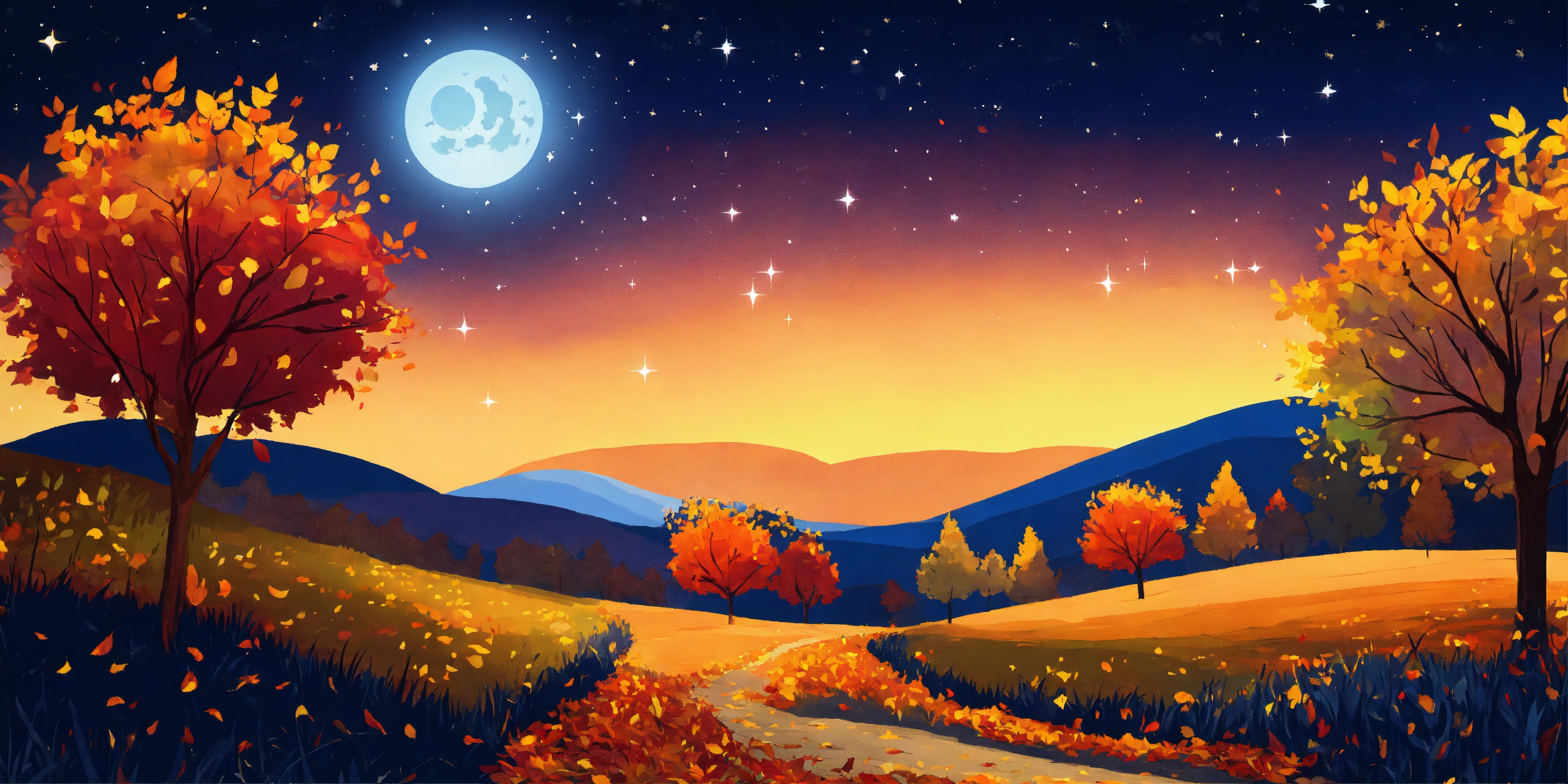 Lexica - Fall landscape, leafs, night sky stars moon, fall leafs colorful