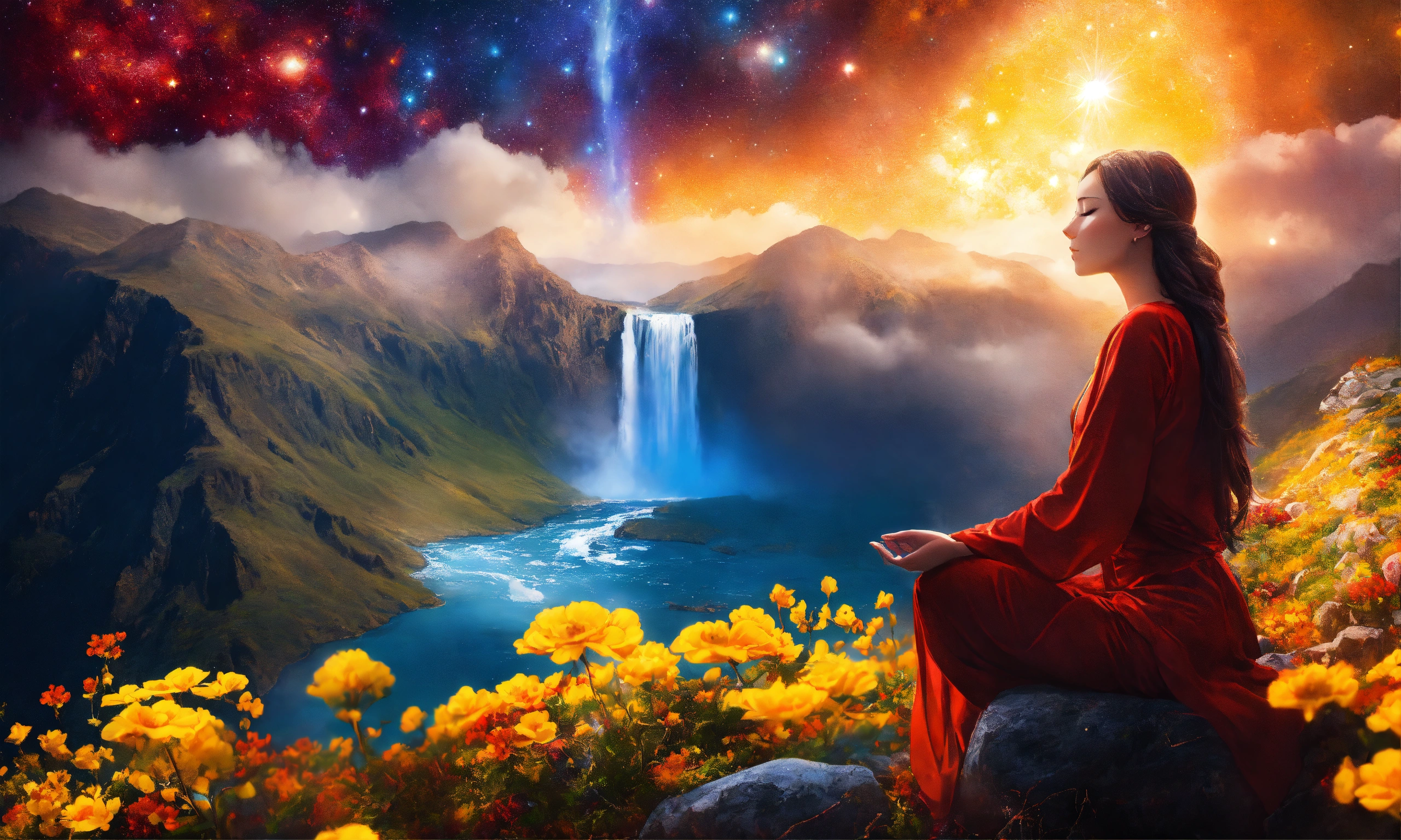 Lexica - Beautiful woman in Meditation posture, mountain, waterfall ...