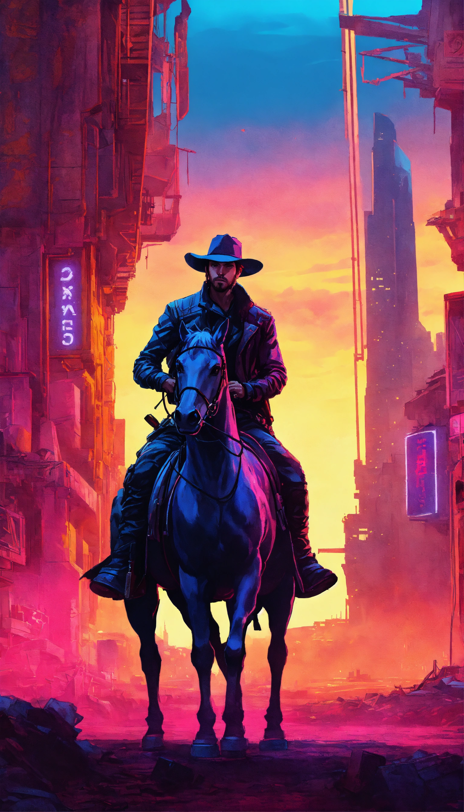 Lexica - A futuristic cowboy riding a horse. the scene is set in blade ...