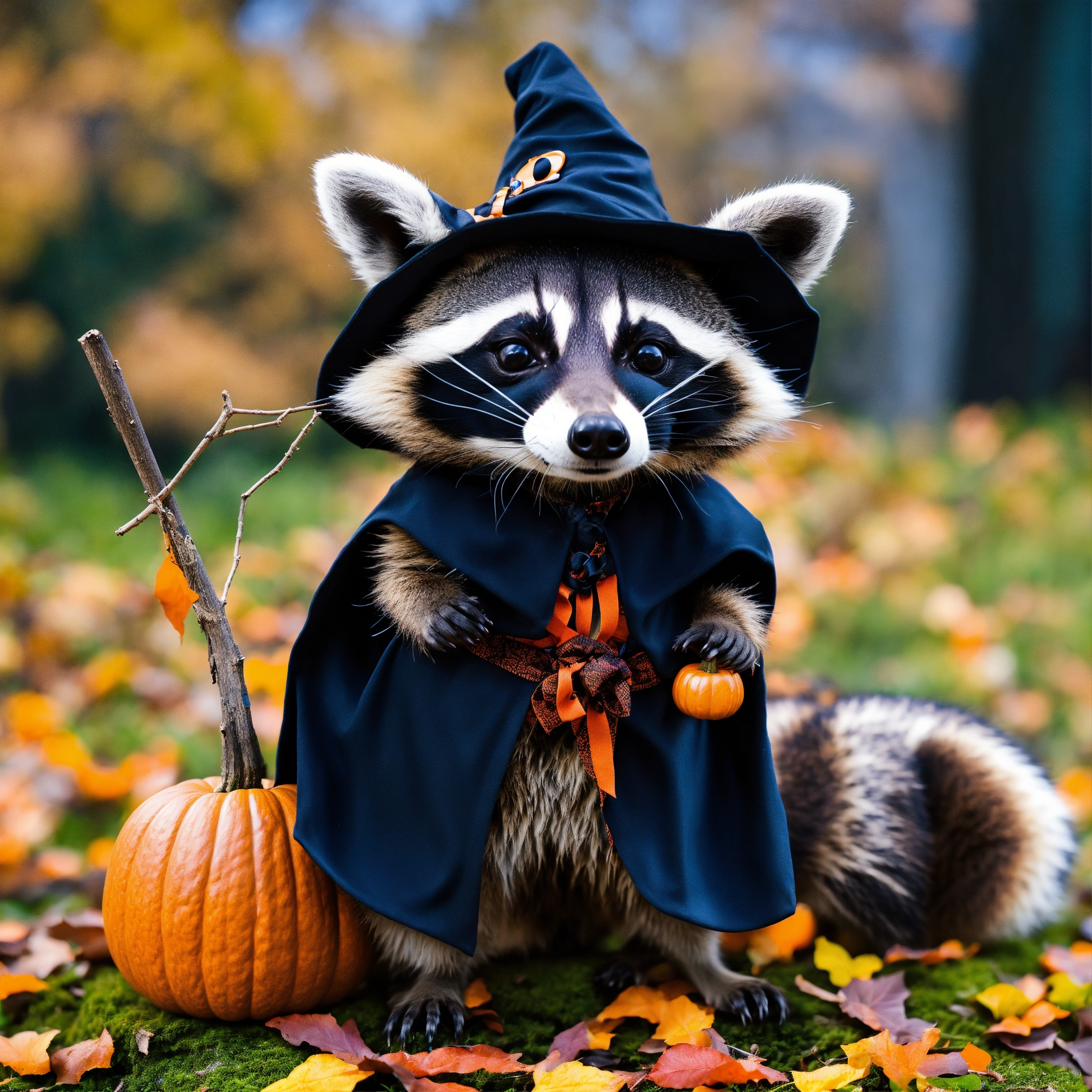 Lexica - A photograph of a raccoon celebrating Halloween in a witch ...