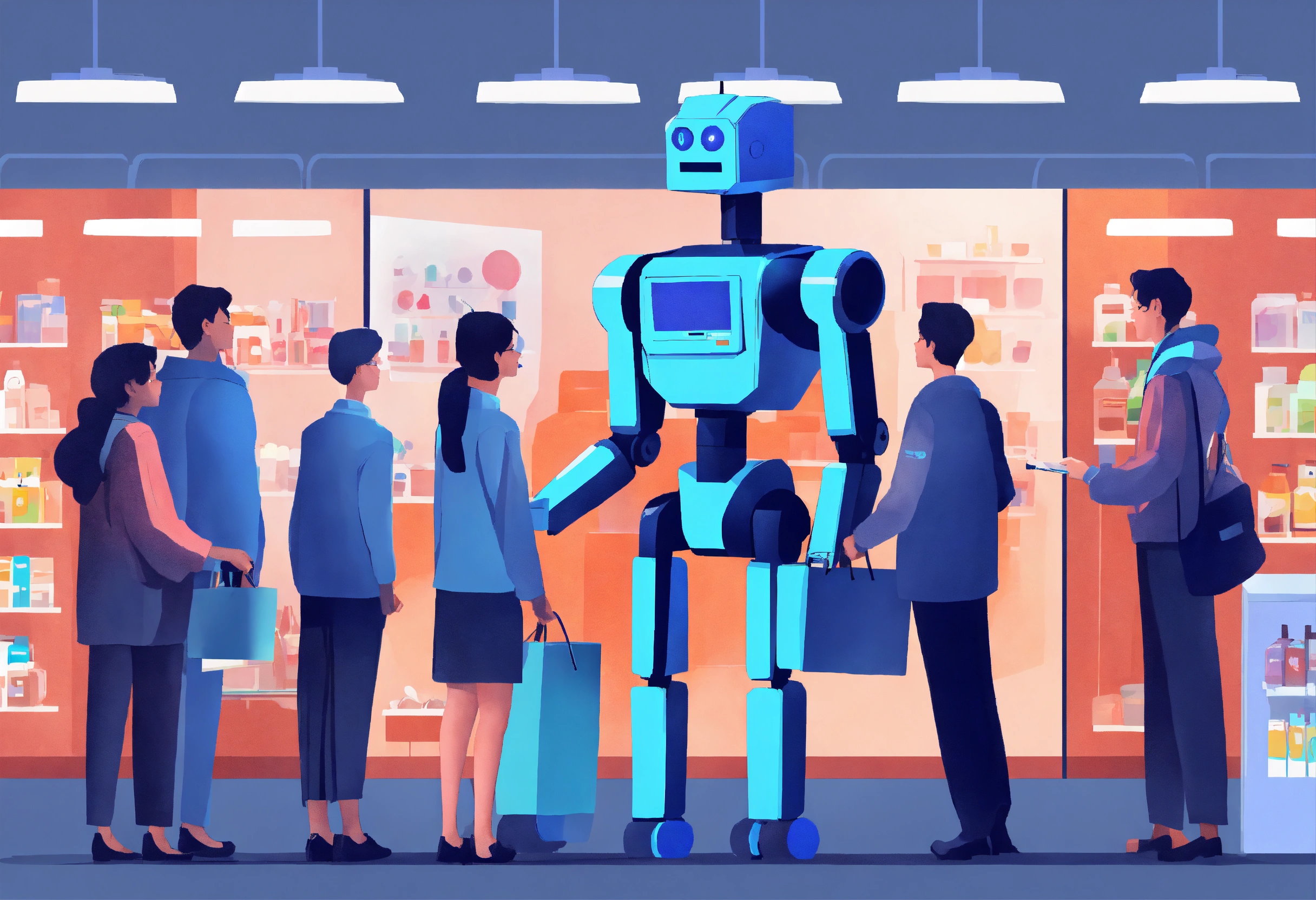 Lexica - Humanoid bot helping a group of people buying, blue palette