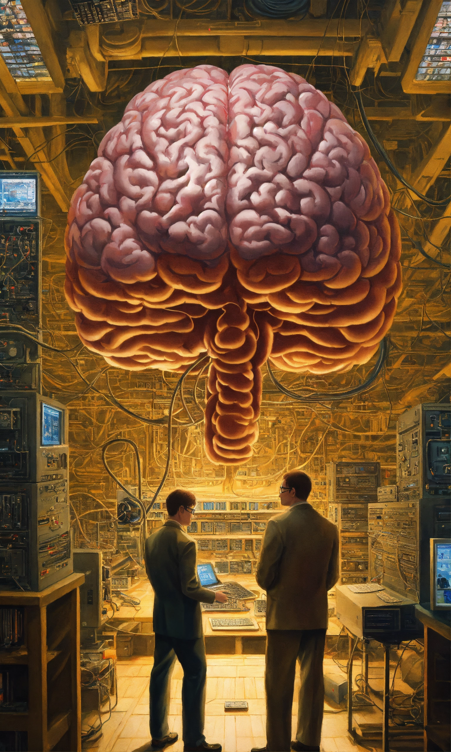 Lexica - In the center of the room, a colossal human brain is ...