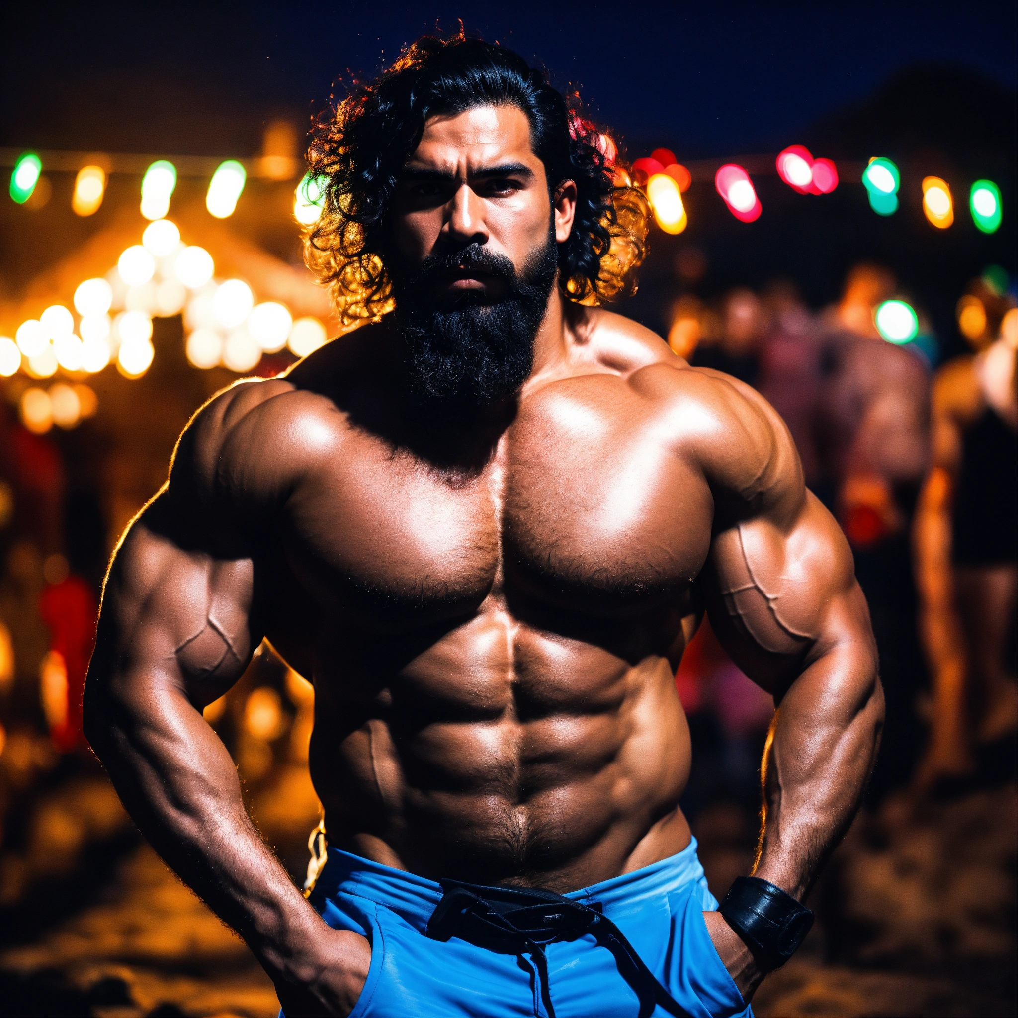 Lexica - 30-year-old hairy Mexican man with big muscles, big bodybuilder,  body like a wrestler, at a party on the beach at night