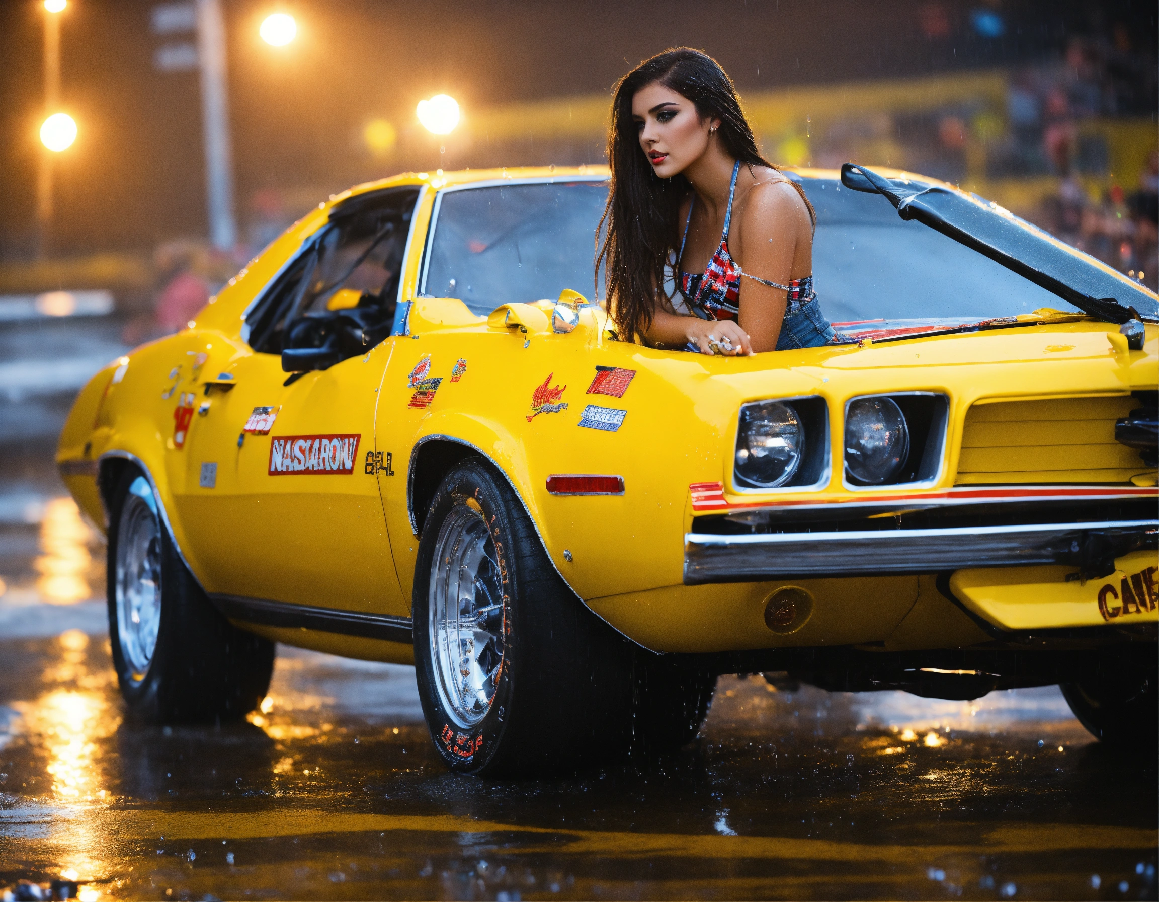 Lexica - Beautiful young women checkered flags, jean shorts halter tops ...