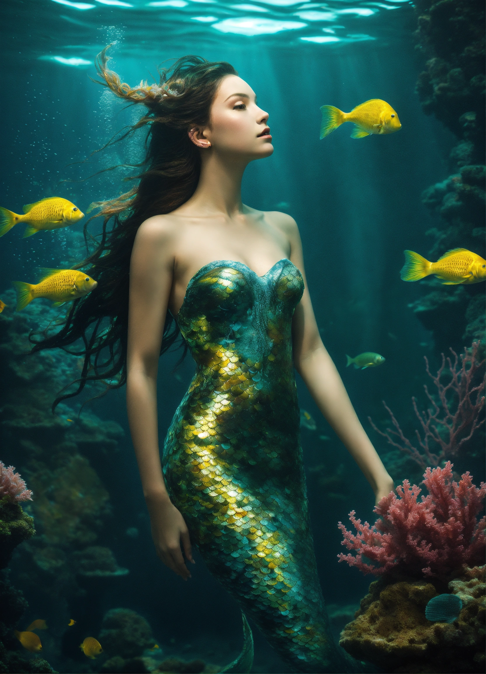 Lexica - A robot mermaid in the bottom of the sea, dark light , whit a ...