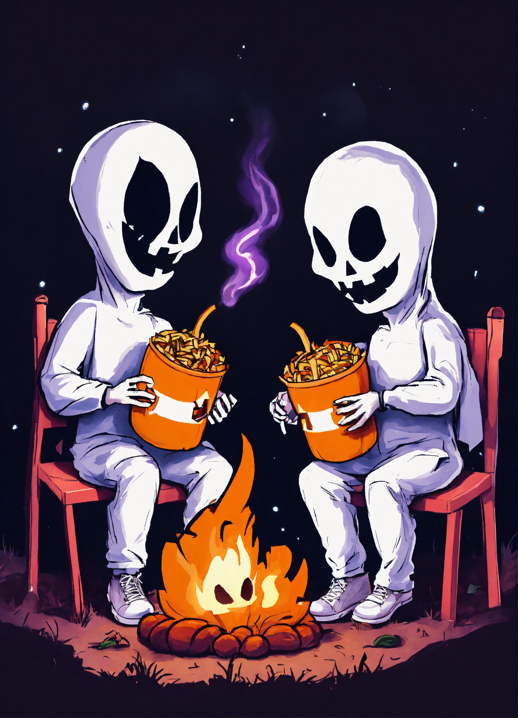 Lexica - Funny couple of ghost eating mcdonald around a bonfire digital ...