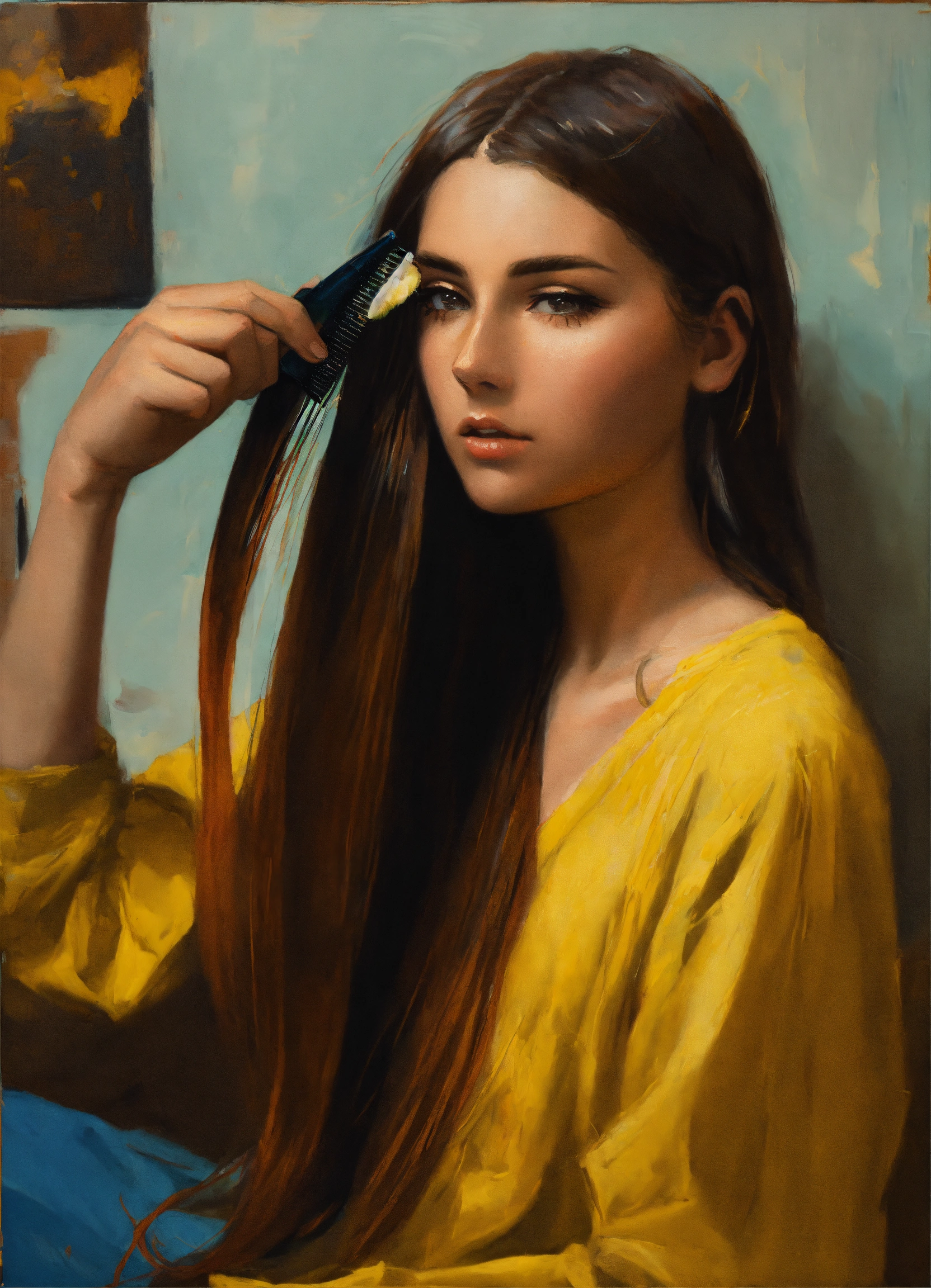 Lexica - Oli painting woman brushing her long hair with a comb