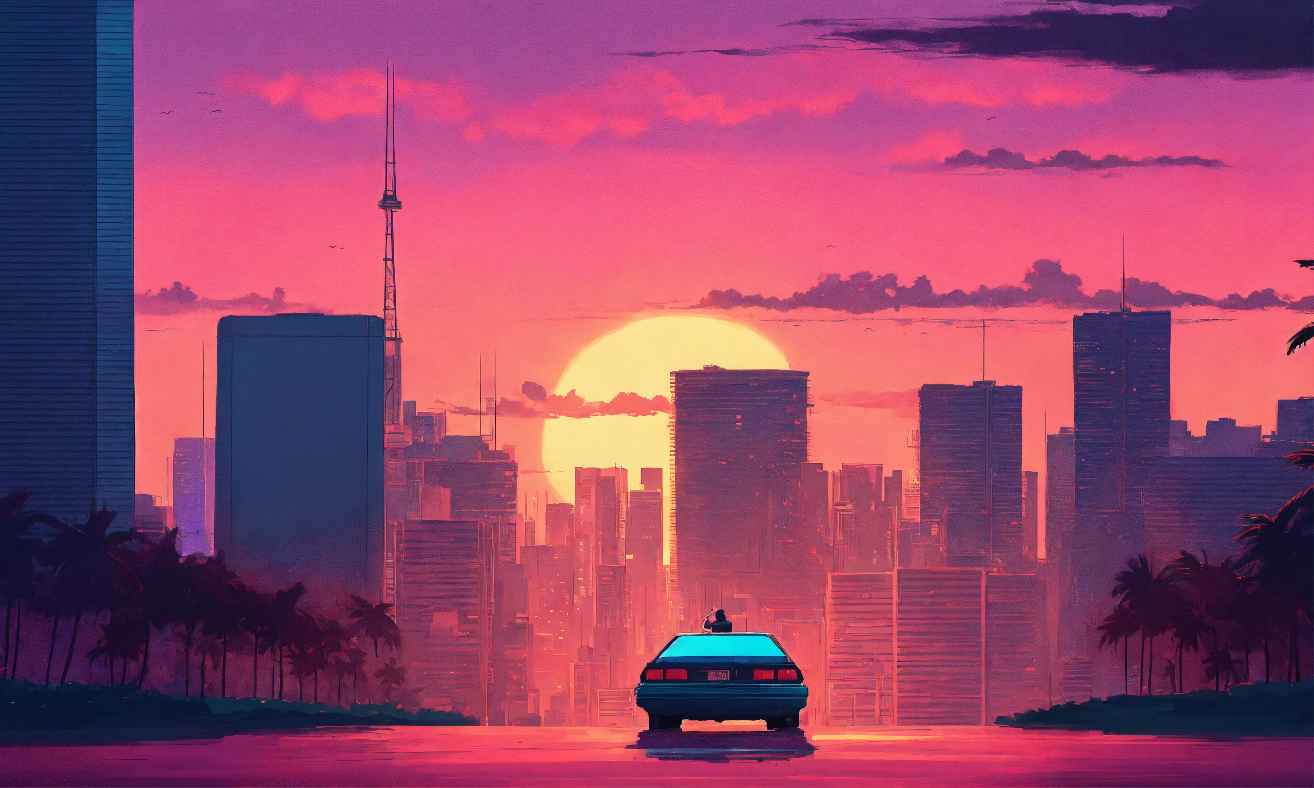 Lexica - Anime miami vice, lofi, sunset skyline, 2d, studio ghibli ...