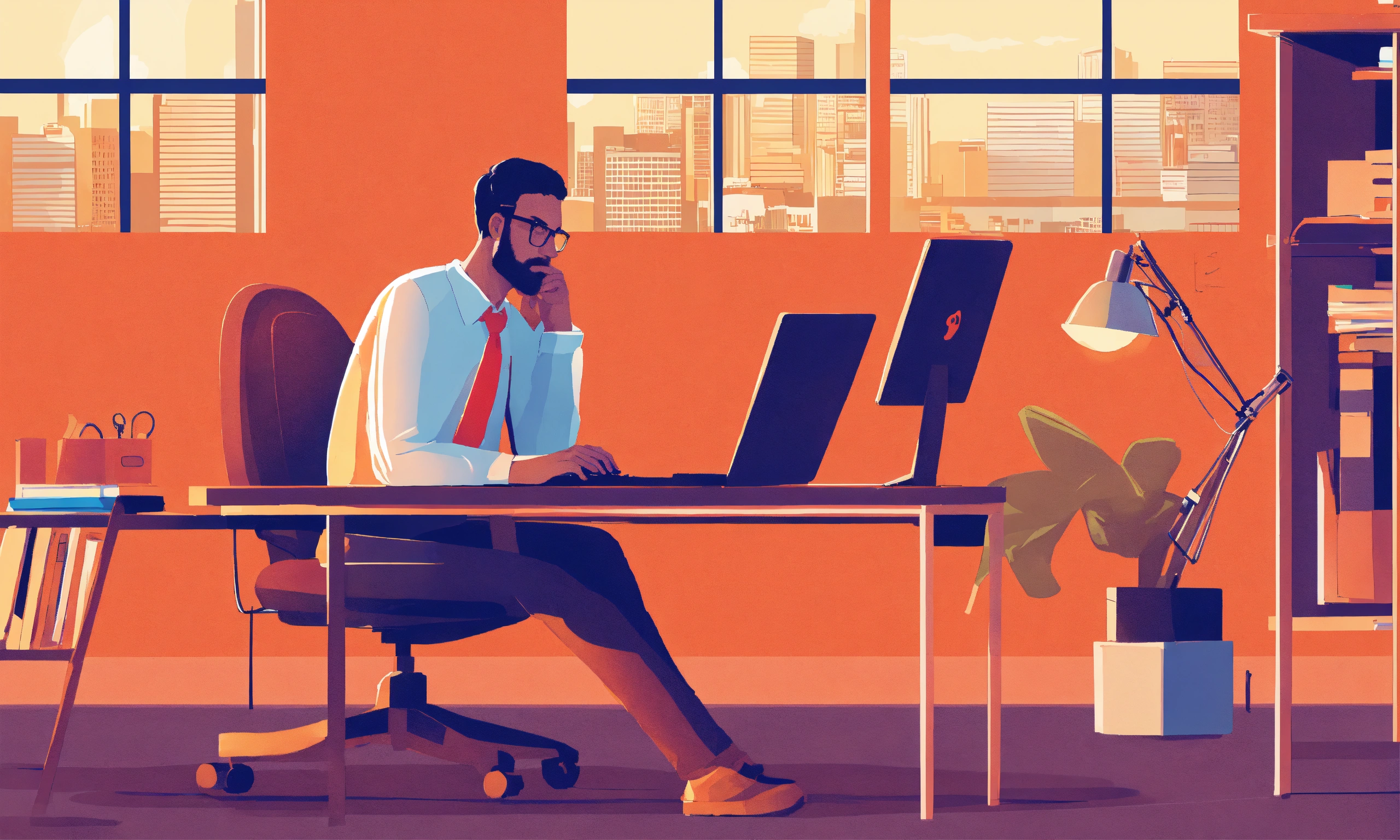 lexica-man-thinking-sitting-in-office-and-typing-on-laptop-illustration