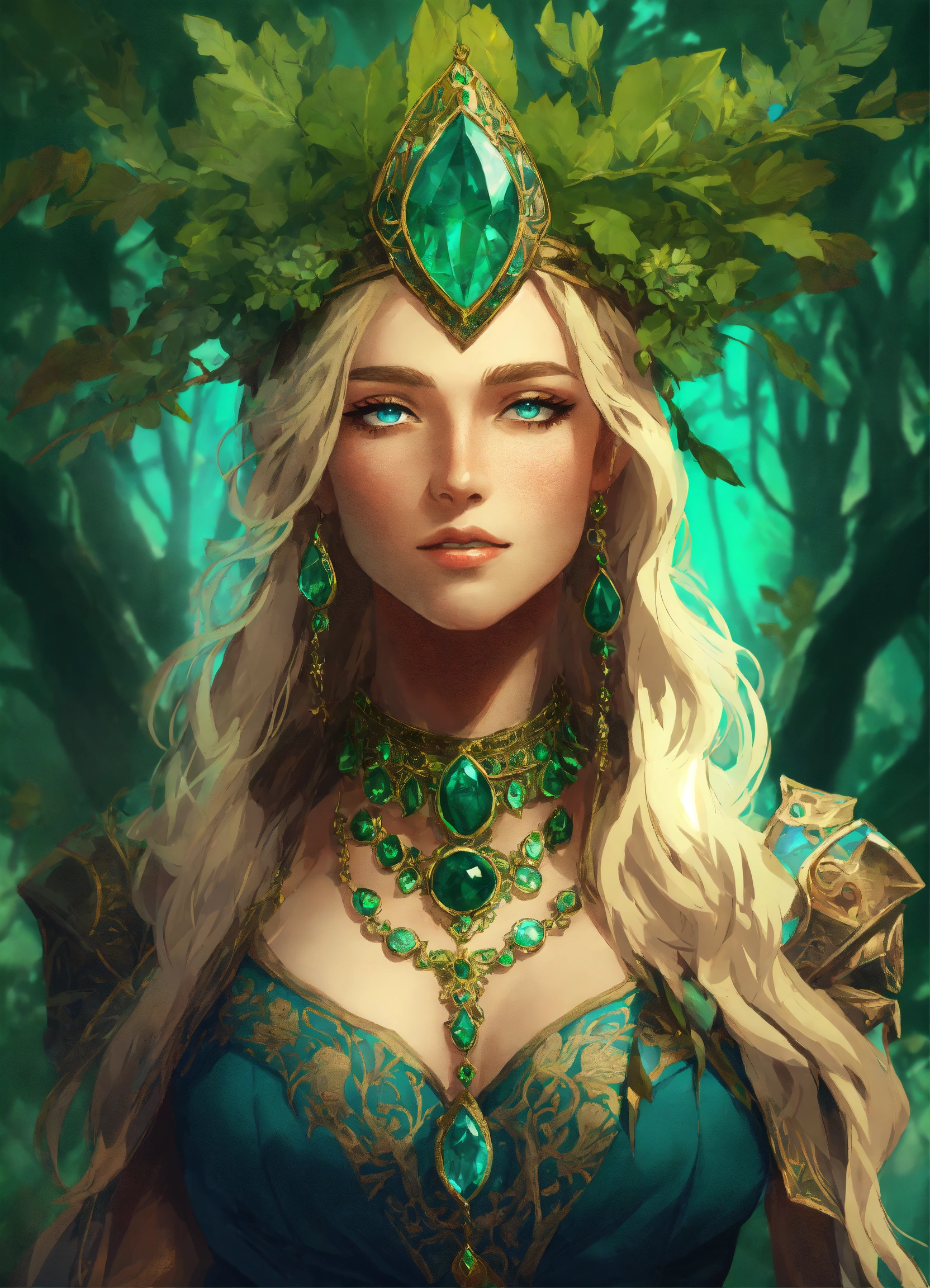 Lexica - A woman tree witch queen, blonde hair, blue green eyes ...