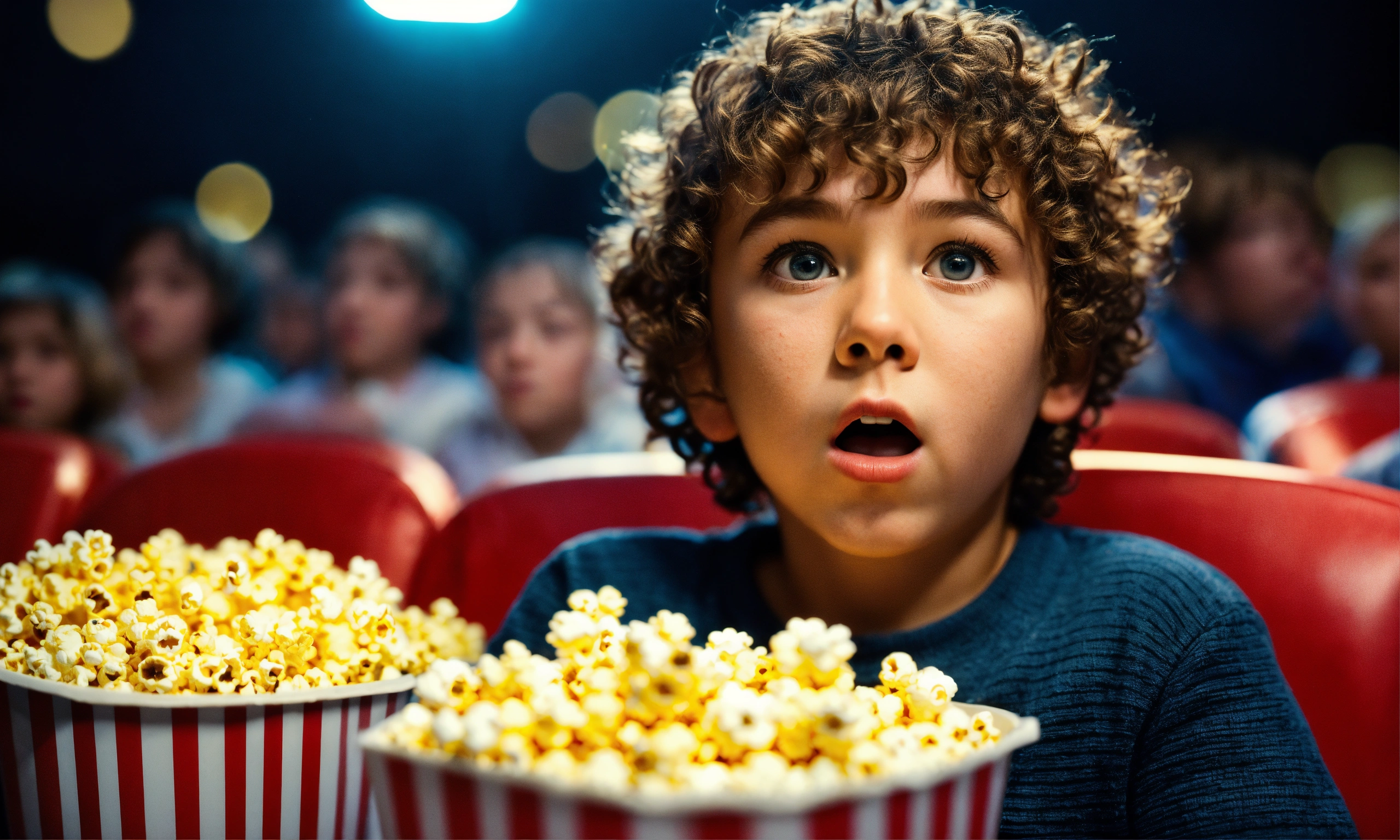 Lexica - Closeuo on Little boy with curly hair holding popcorn with  astonished and surprised look is watching a movie in a cinema., selective  focus o...