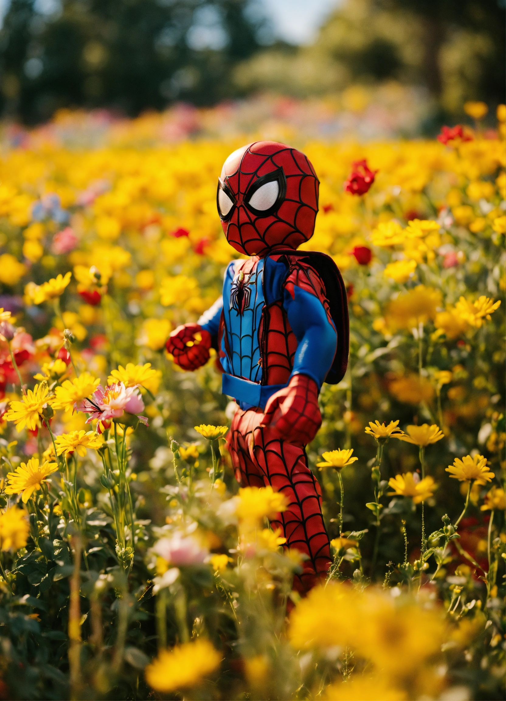 Lexica - Happy Spider-Man standing in a beautiful field of flowers,  colorful, perfect lighting, leica summicron 35mm f2.0, Kodak Portra 400,  film gra