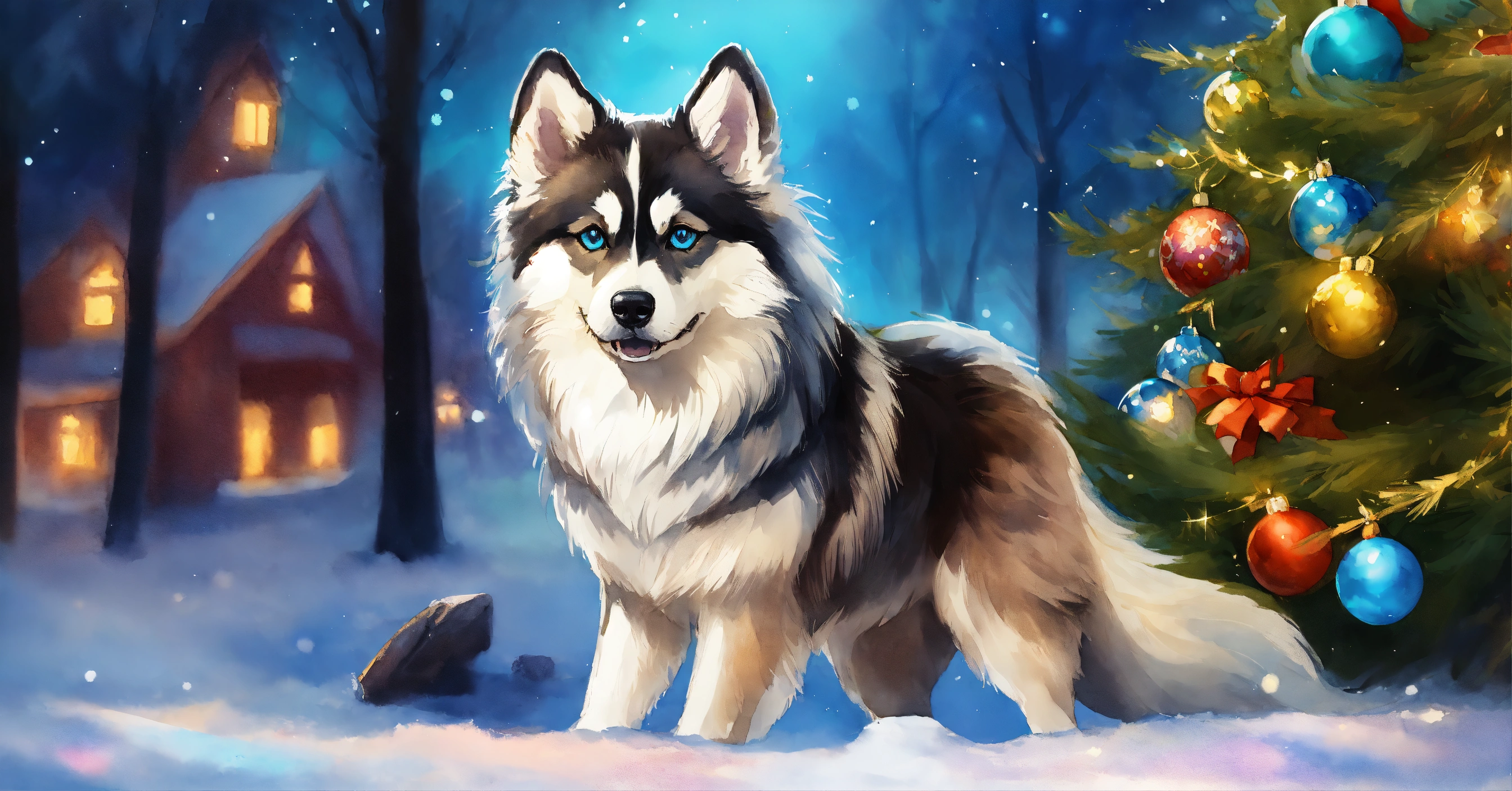Lexica - A full body image of a pomsky with very long hair and blue ...