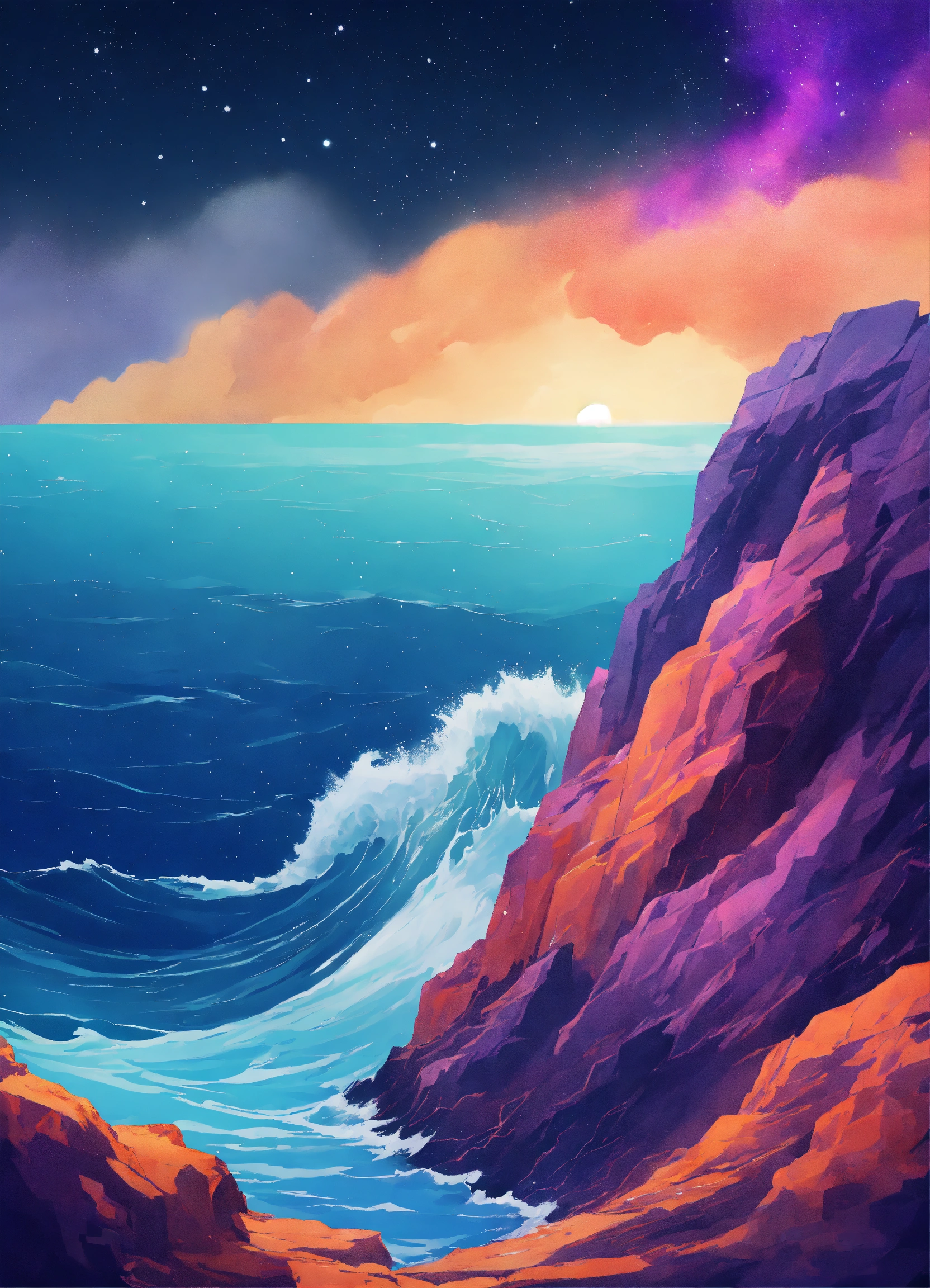 Lexica - A rough sea with huge waves meeting a jagged cliff, galaxy ...
