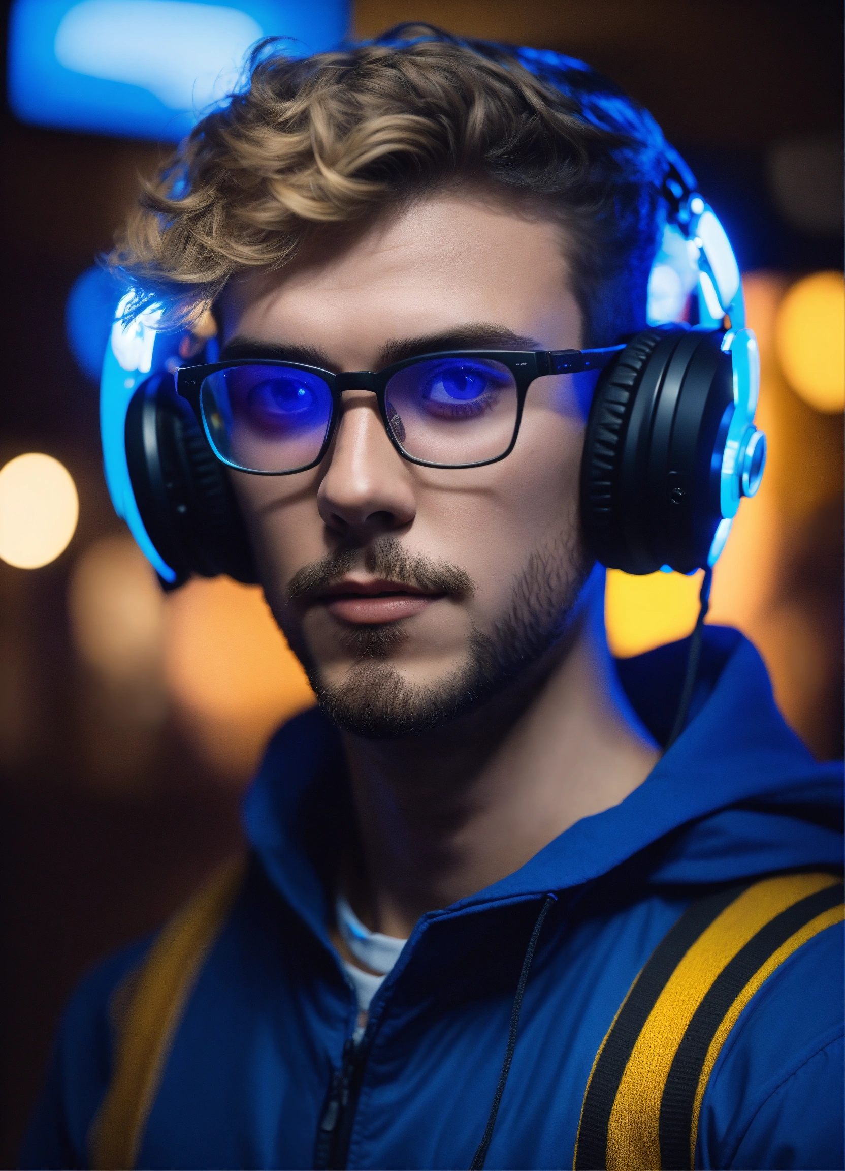 Lexica - Strong athletic male streamer in blue light glasses with short ...