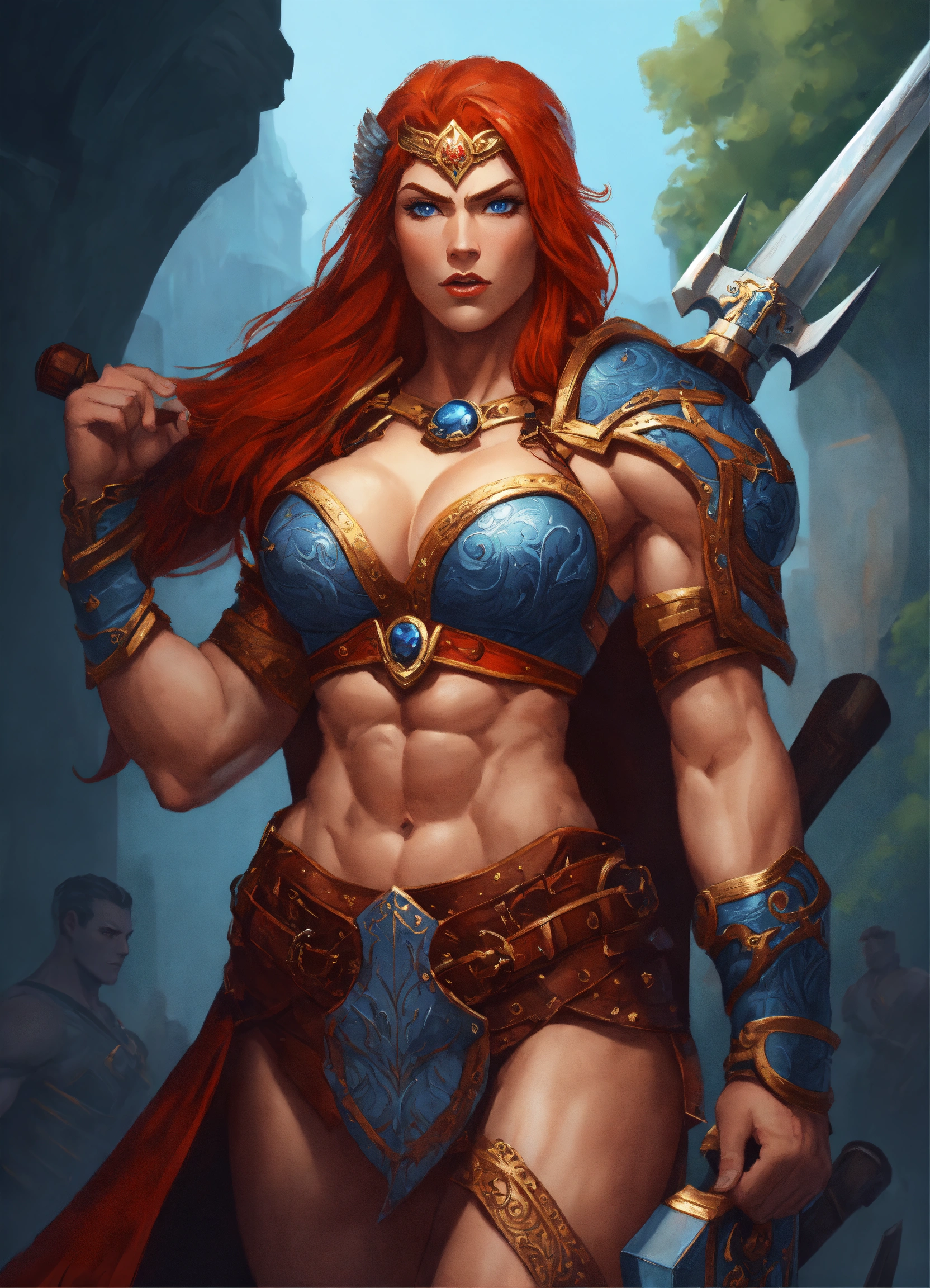 Lexica - Fantasy Art, muscular norse goddess, strong, buff, tall, bulky  shoulders, muscular arms, muscular legs, handsome woman, female, red hair,  bl...