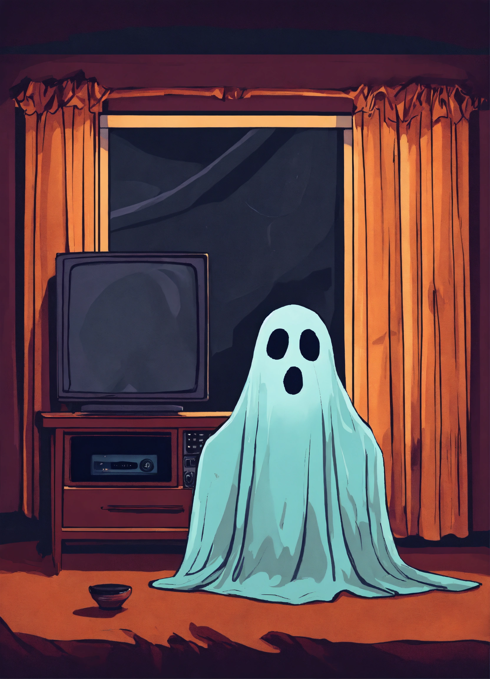 Lexica - A painting of a bedsheet ghost watching scary movies on a ...