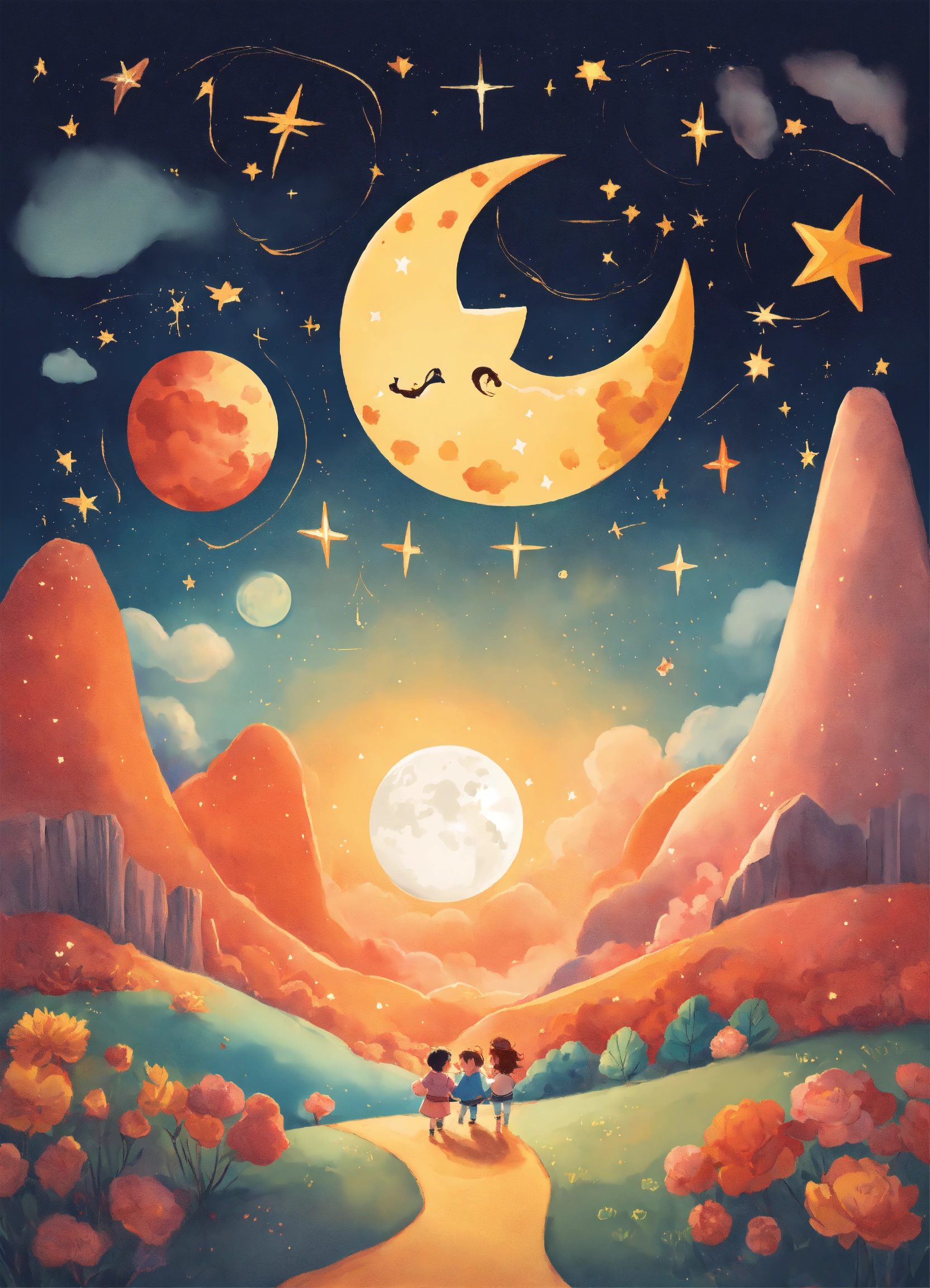 Lexica - A cute drew,Star, Moon and Sun hugging each other in a ...