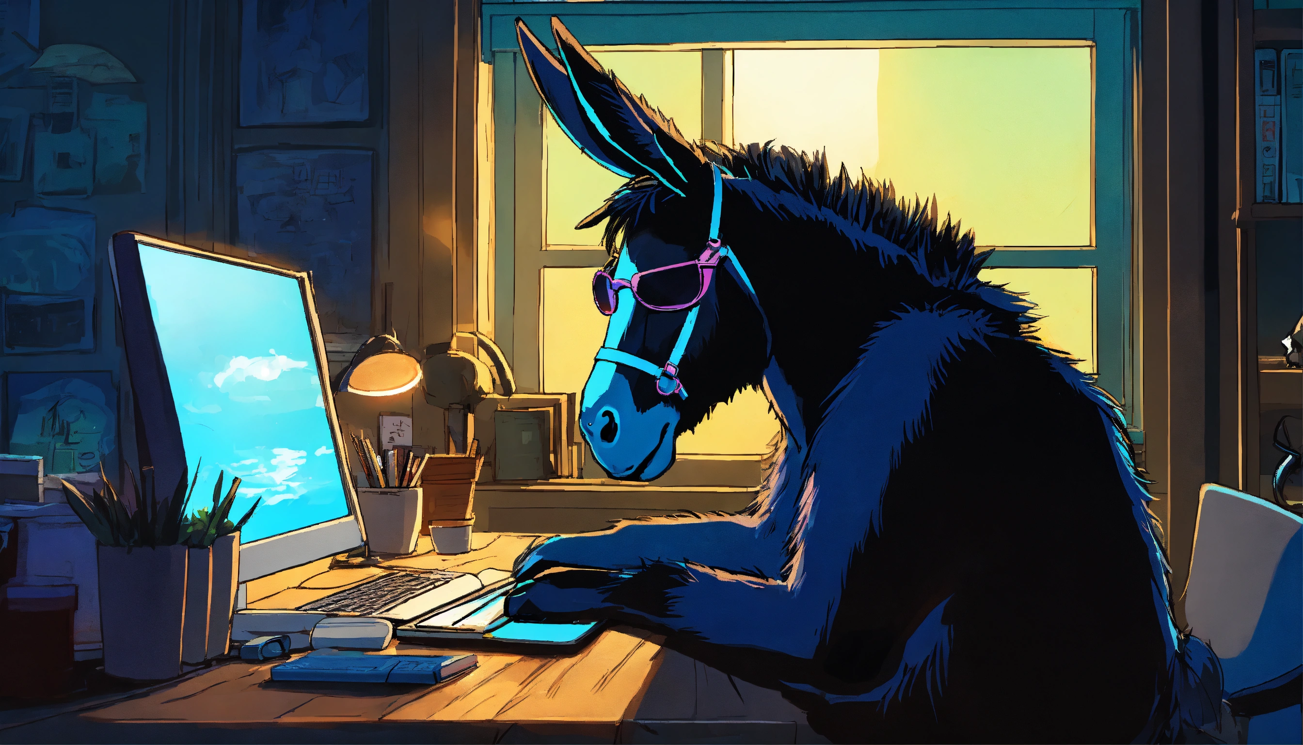 Lexica - A donkey with sunglasses black, at night, sitting at a desk ...